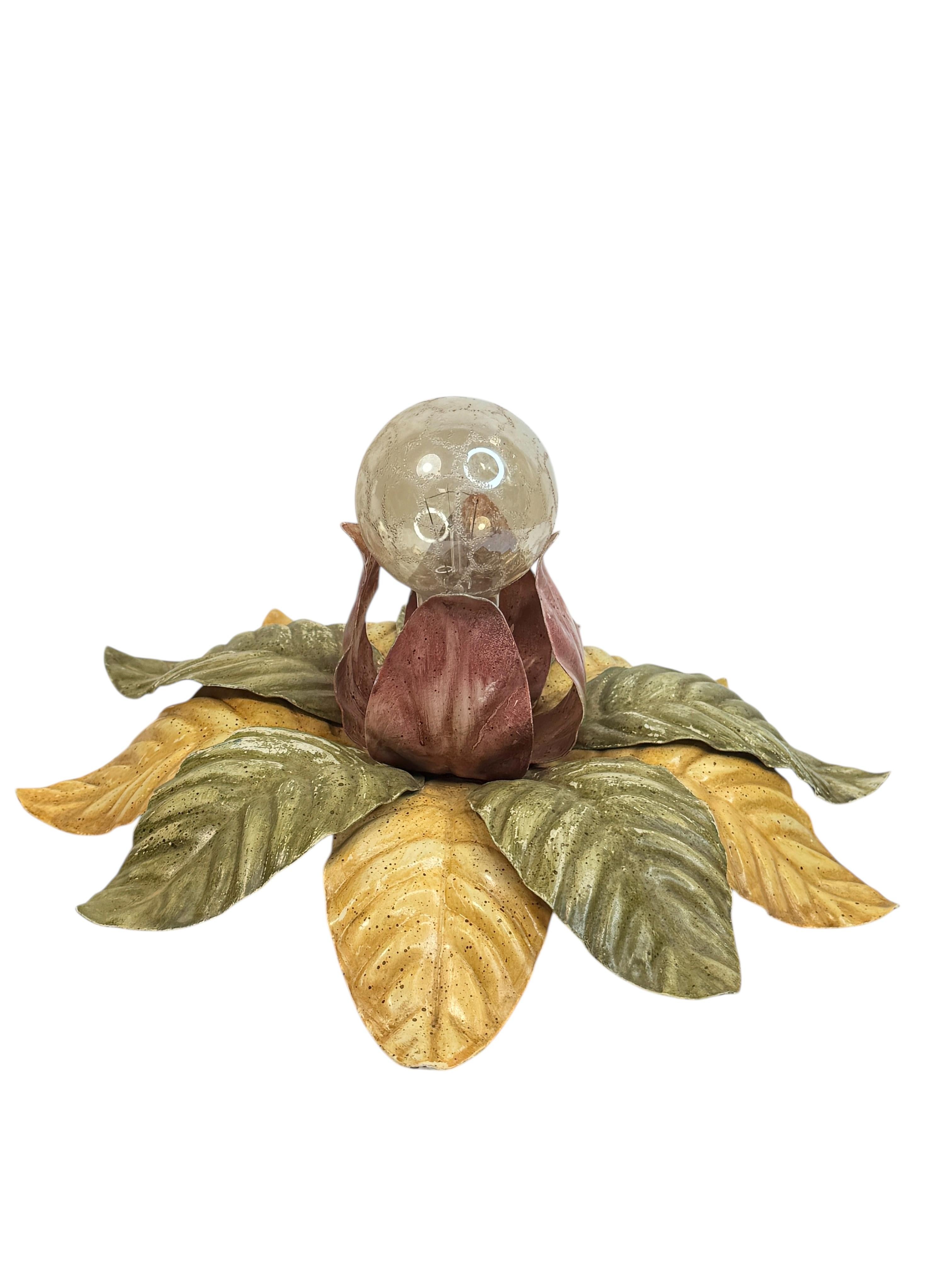 Italian Beautiful Polychrome Leaf Flower Flush Mount Light Italy Florentine Style, 1960s For Sale