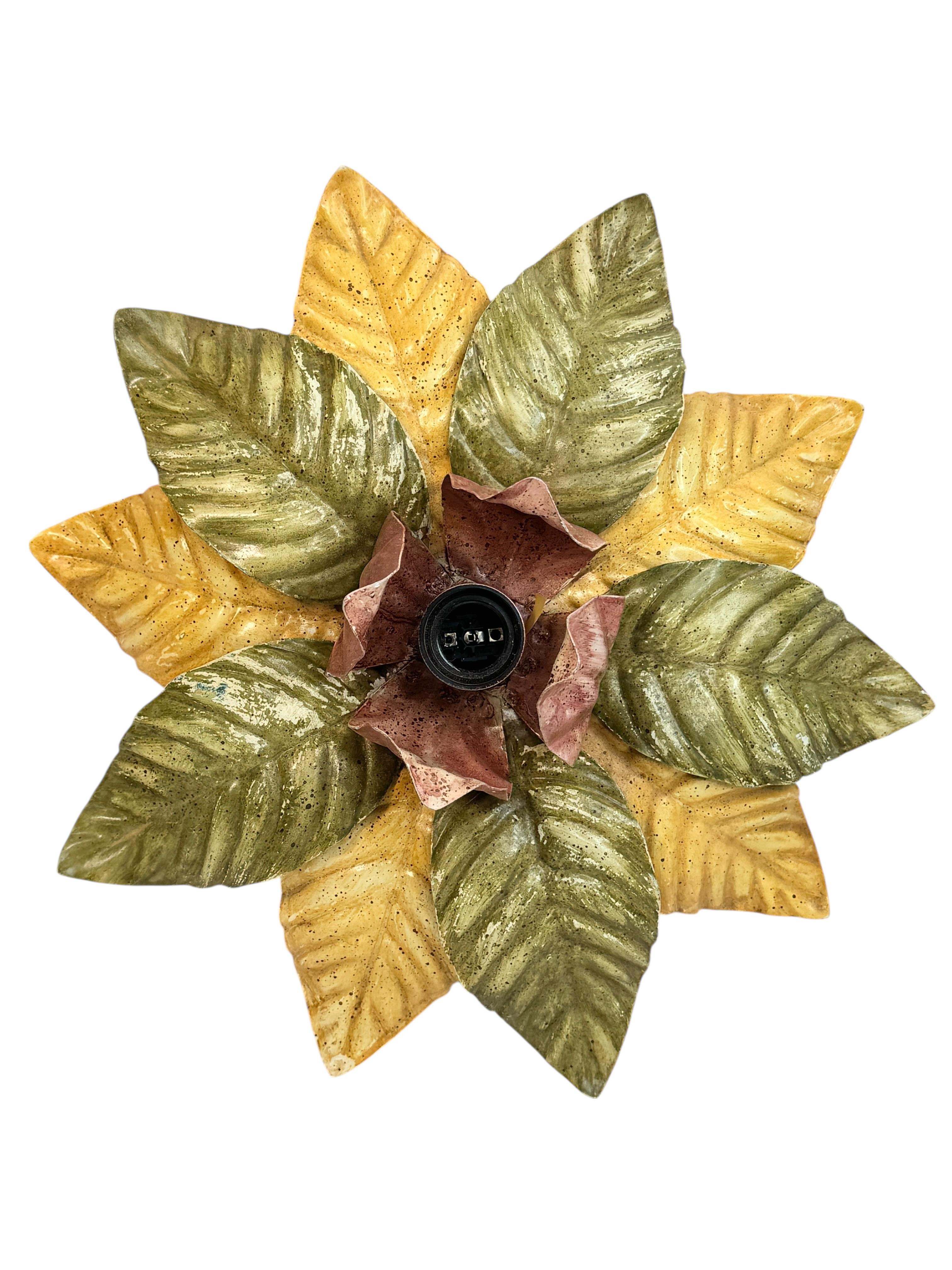 Beautiful Polychrome Leaf Flower Flush Mount Light Italy Florentine Style, 1960s In Good Condition For Sale In Nuernberg, DE