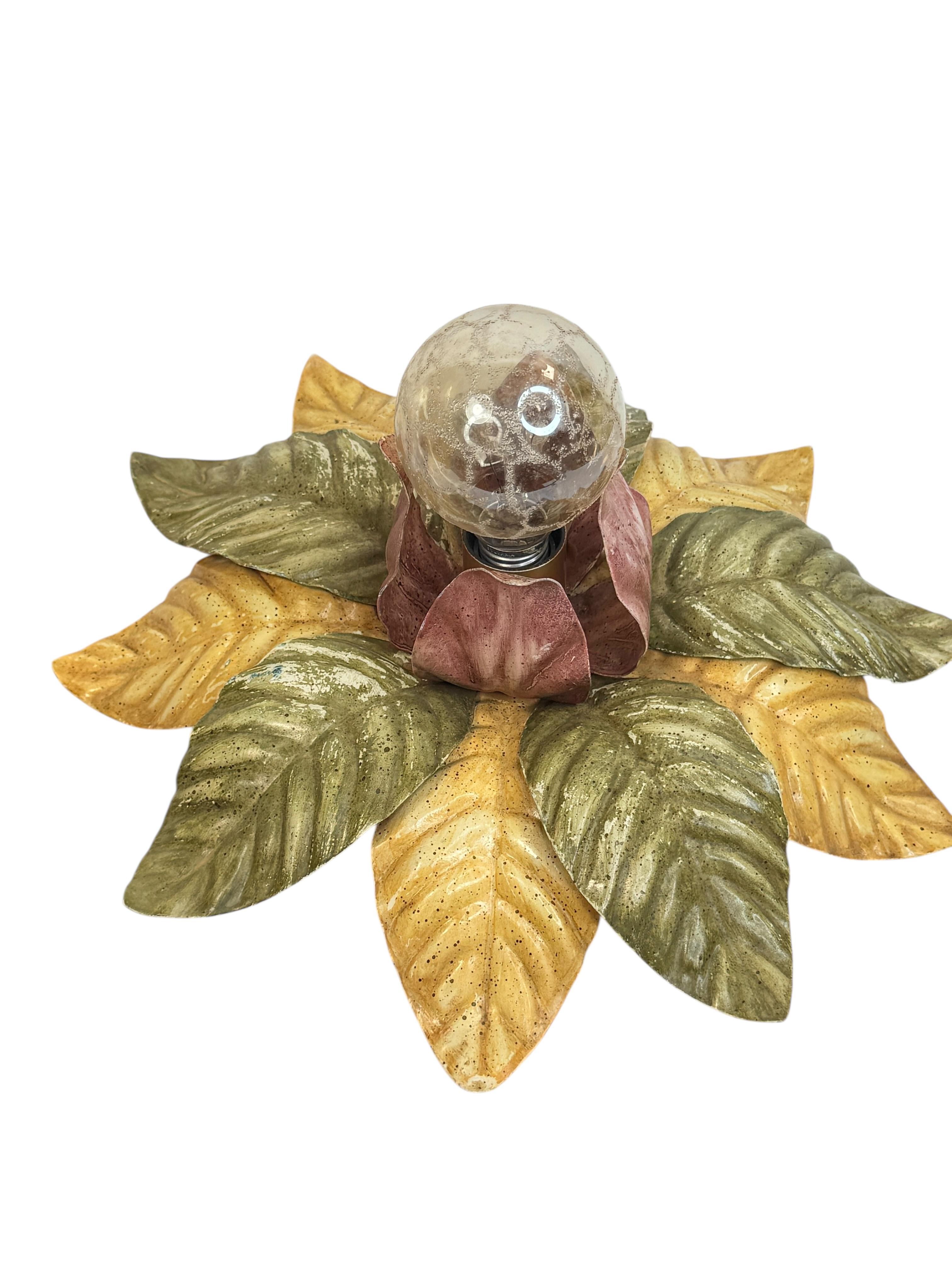 Mid-20th Century Beautiful Polychrome Leaf Flower Flush Mount Light Italy Florentine Style, 1960s For Sale