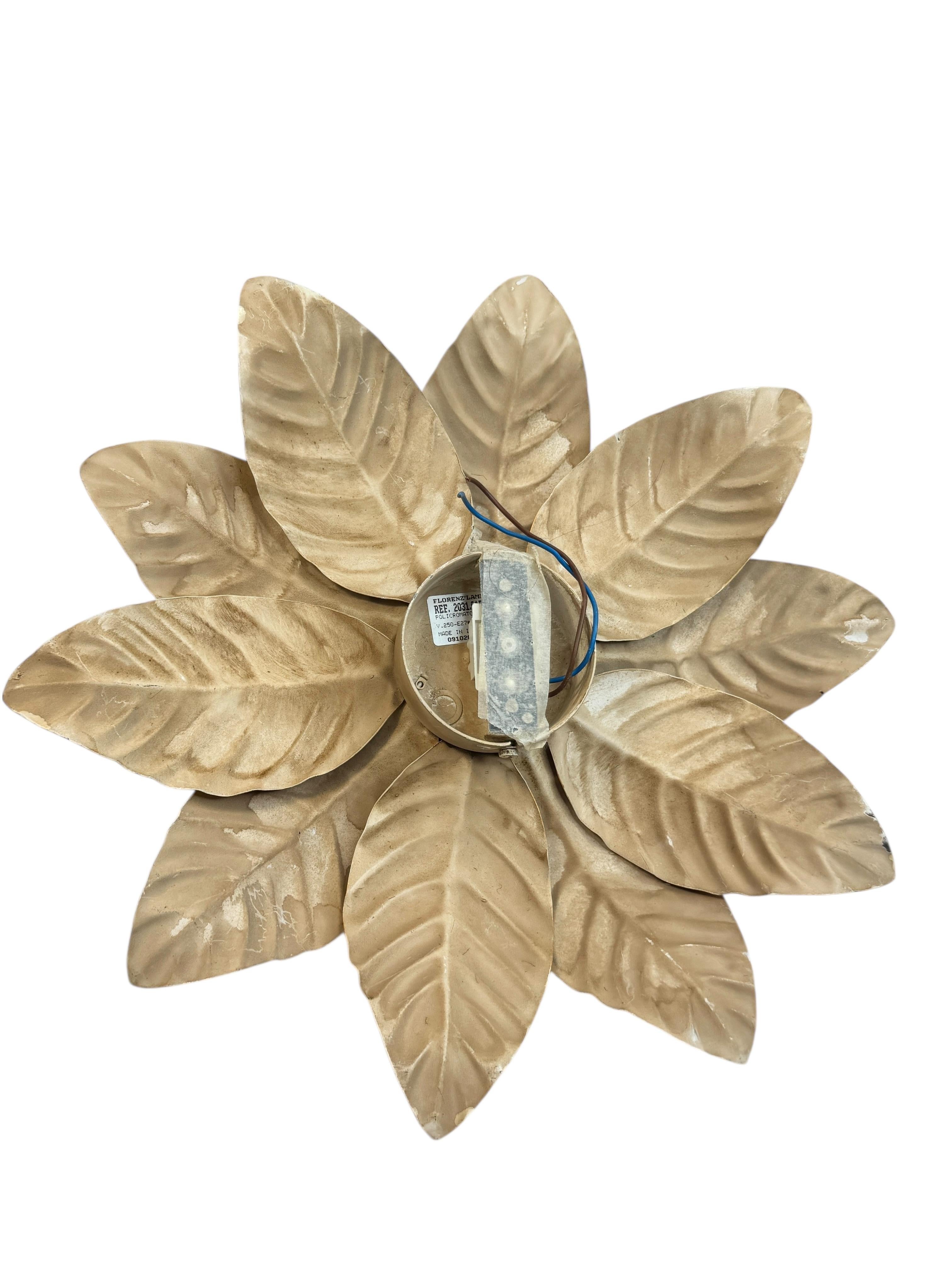 Metal Beautiful Polychrome Leaf Flower Flush Mount Light Italy Florentine Style, 1960s For Sale
