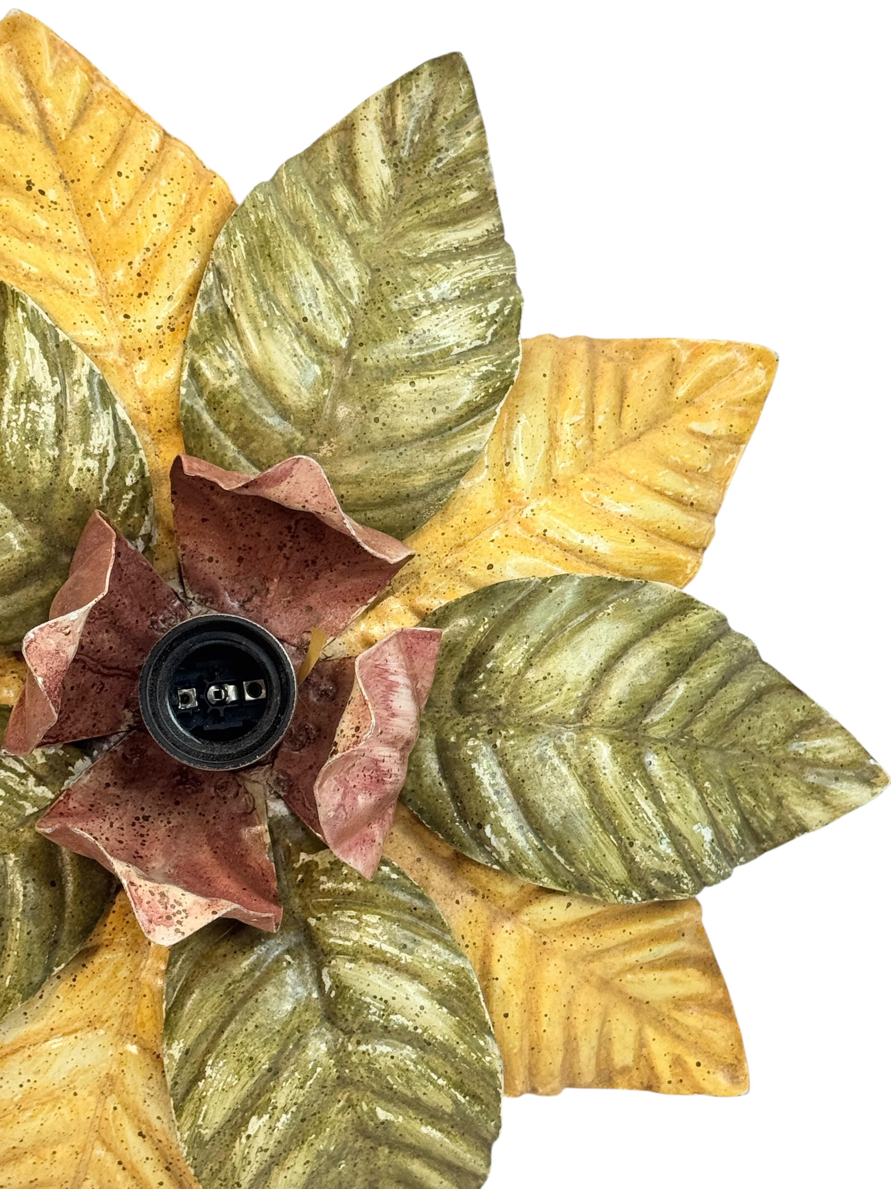Beautiful Polychrome Leaf Flower Flush Mount Light Italy Florentine Style, 1960s For Sale 1