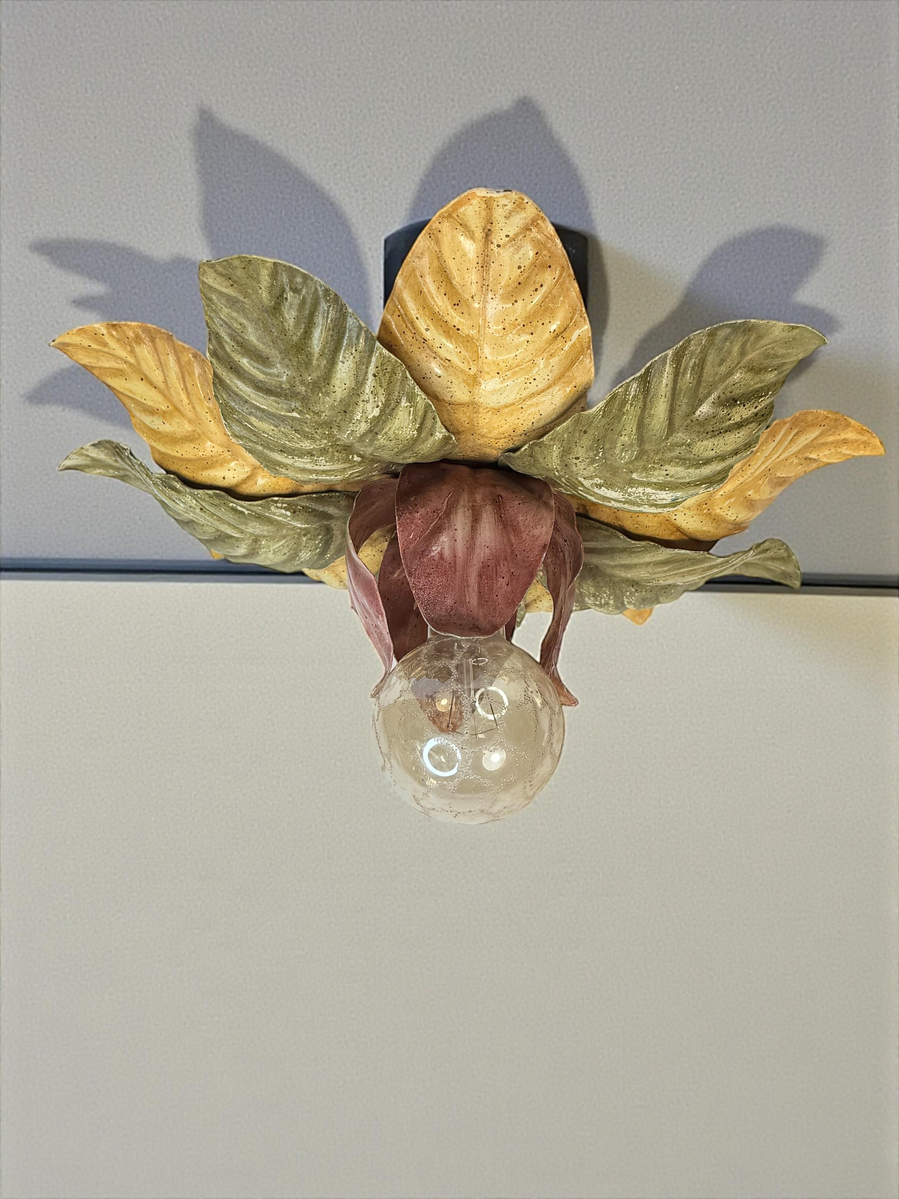 Beautiful Polychrome Leaf Flower Flush Mount Light Italy Florentine Style, 1960s For Sale 3
