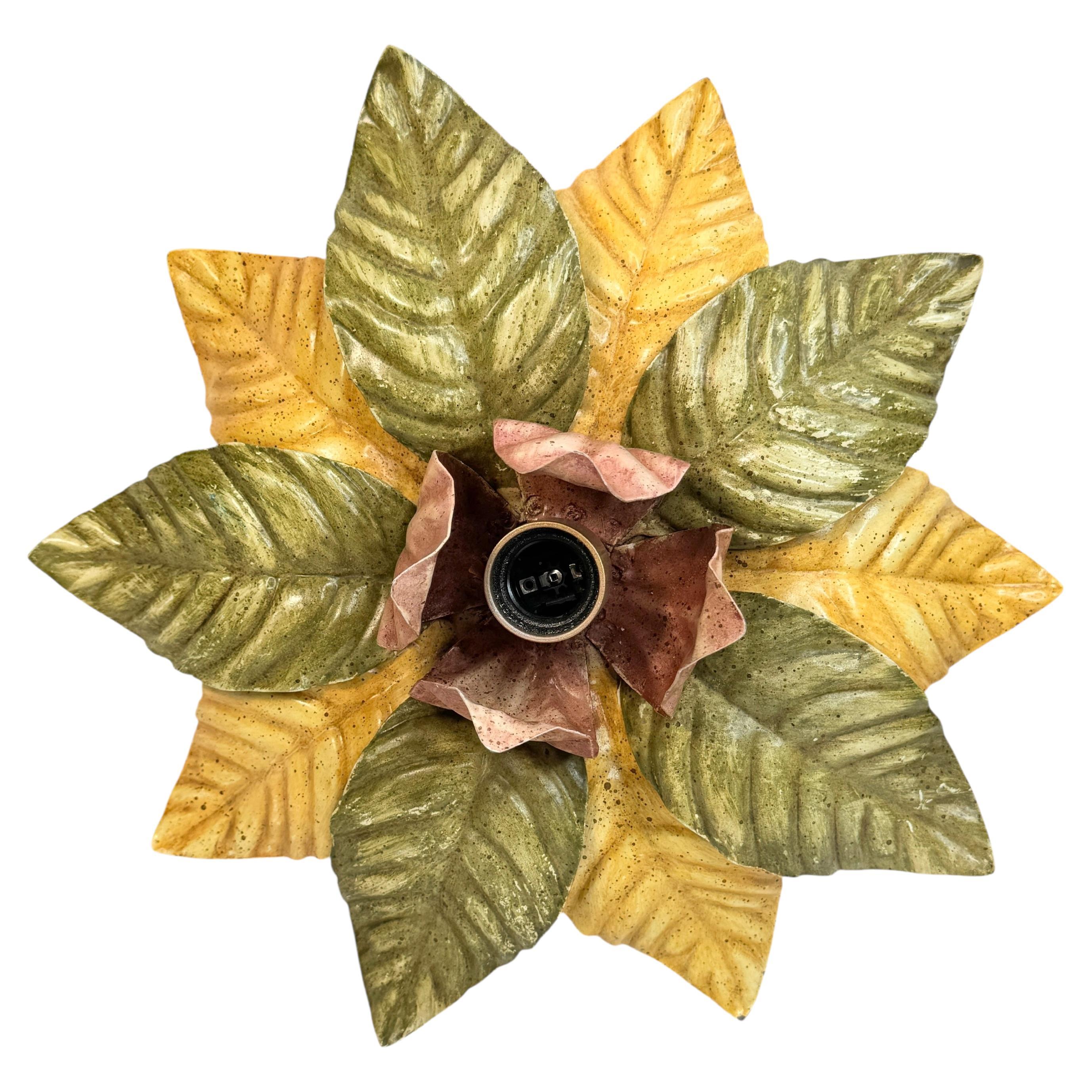 Beautiful Polychrome Leaf Flower Flush Mount Light Italy Florentine Style, 1960s