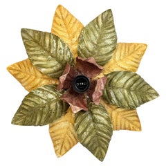 Beautiful Polychrome Leaf Flower Flush Mount Light Italy Florentine Style, 1960s