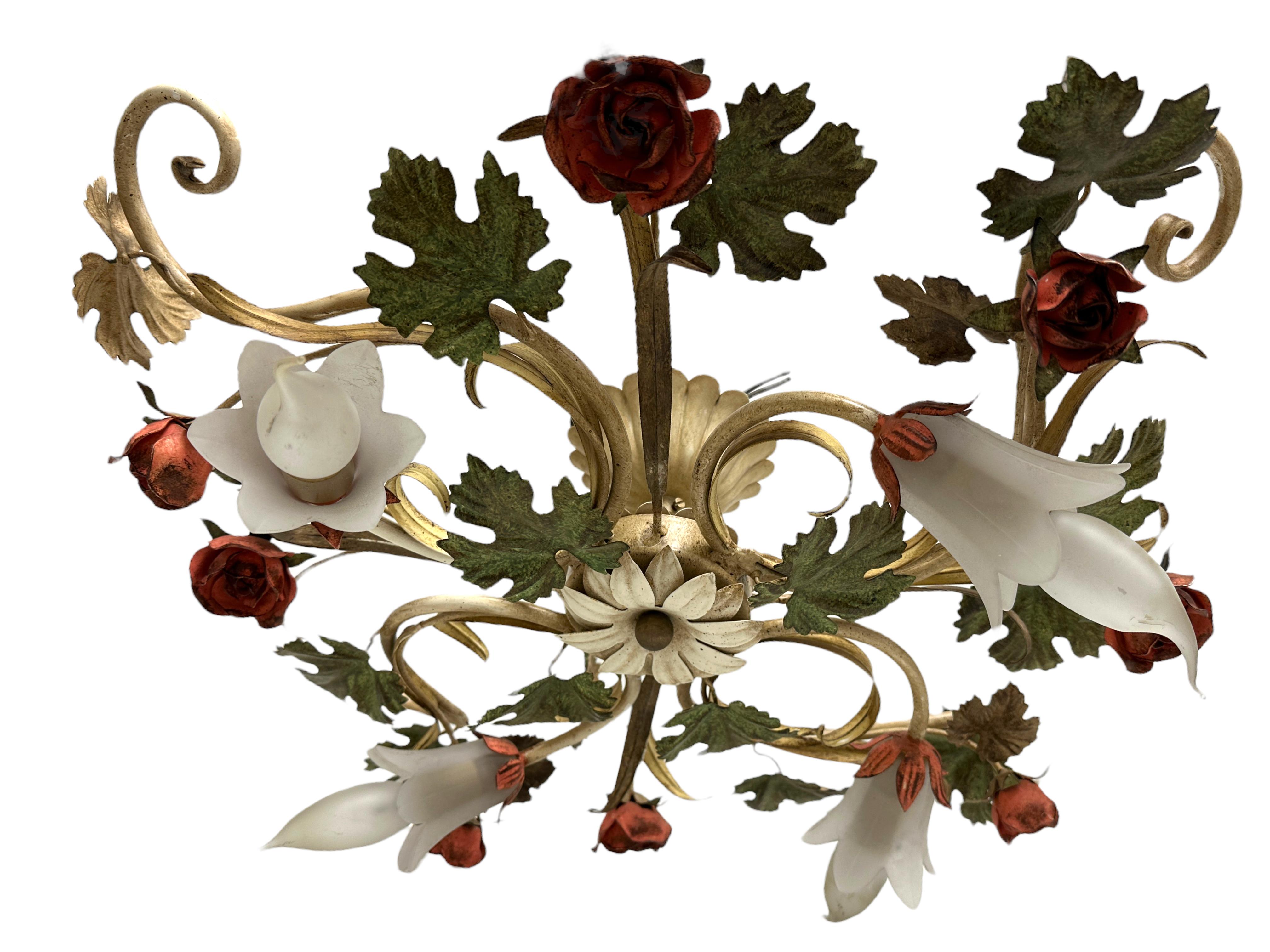Beautiful Polychrome Roses Leaf Flush Mount Italy Florentine Style, 1970s For Sale 3