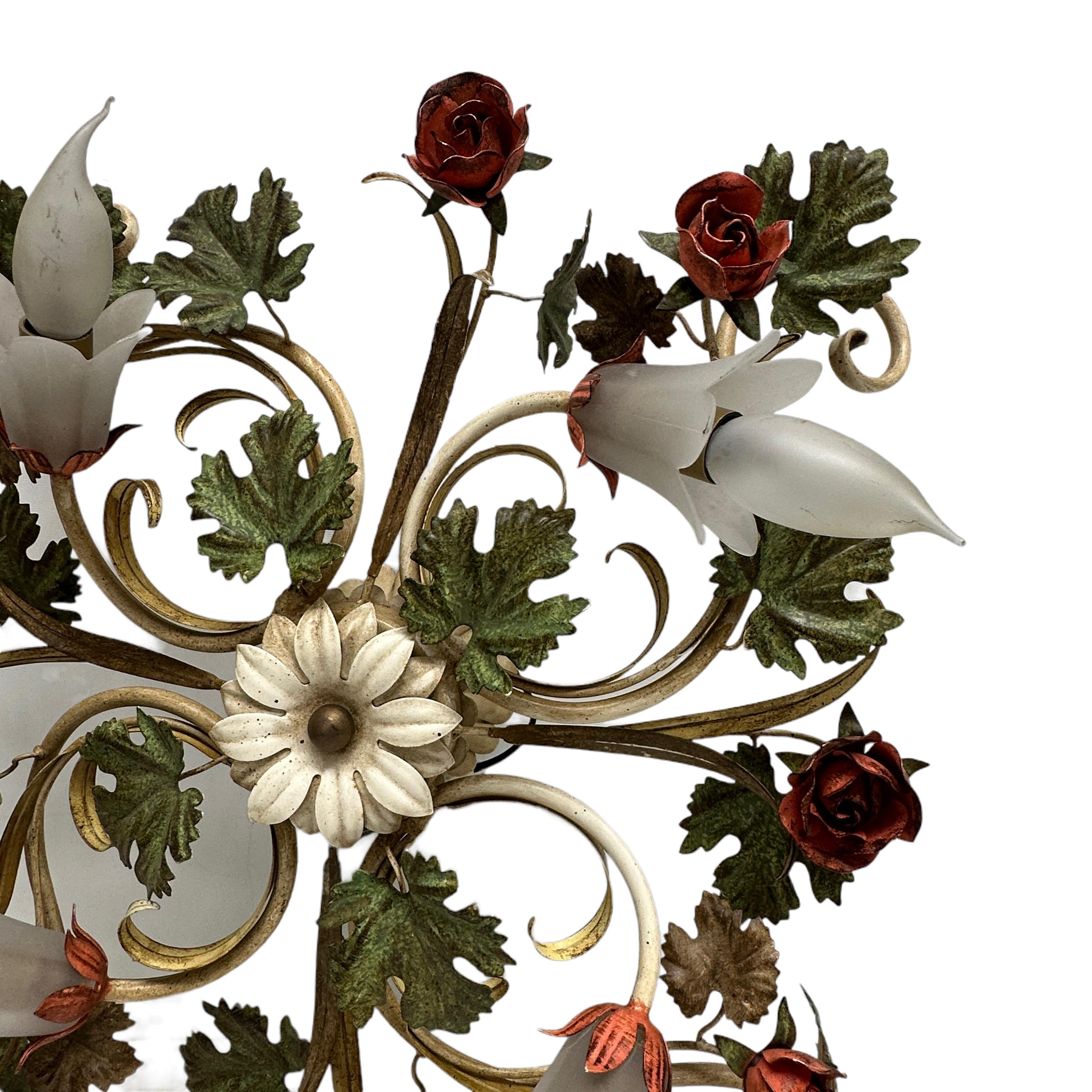 Beautiful Polychrome Roses Leaf Flush Mount Italy Florentine Style, 1970s In Good Condition For Sale In Nuernberg, DE