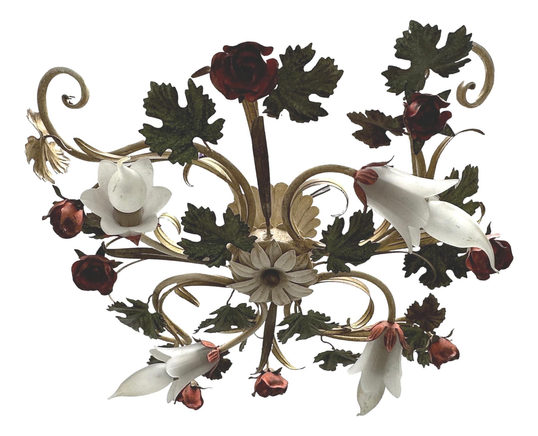 Late 20th Century Beautiful Polychrome Roses Leaf Flush Mount Italy Florentine Style, 1970s For Sale