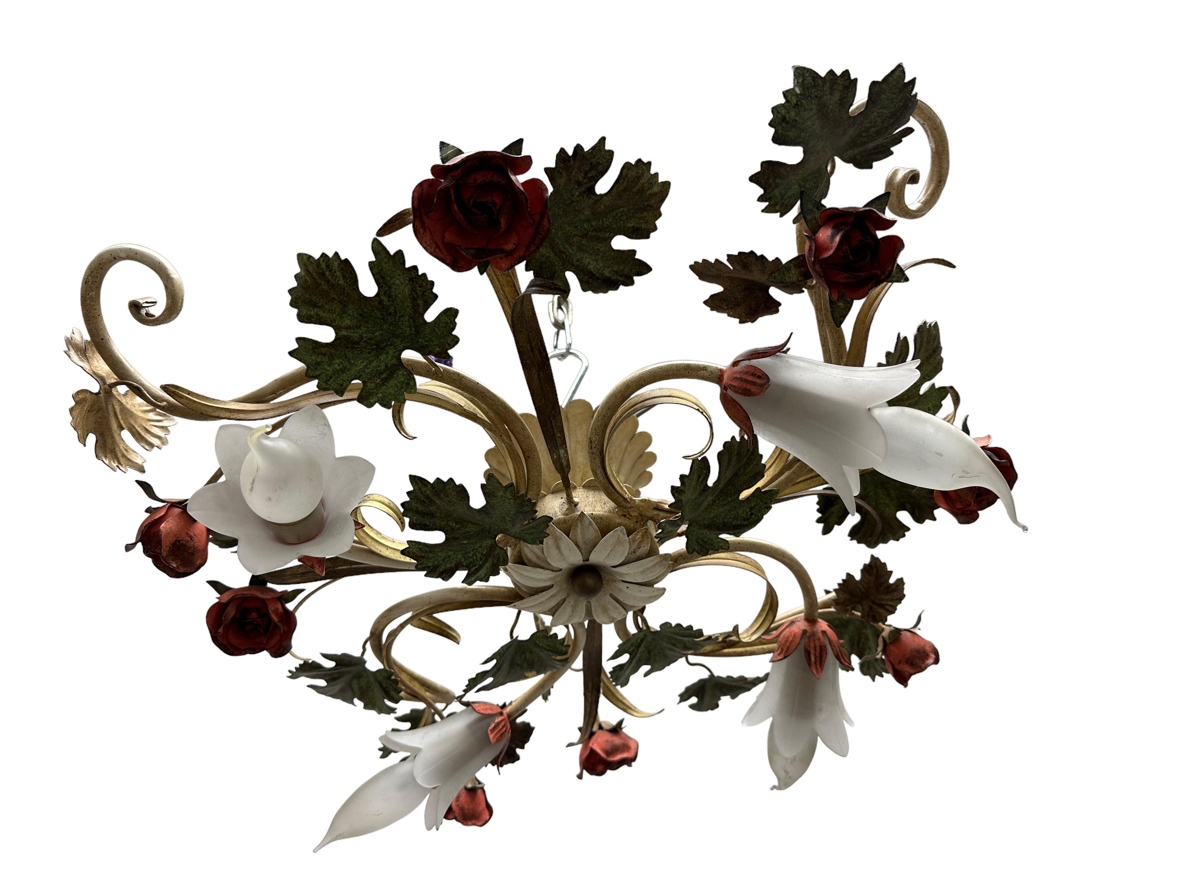Metal Beautiful Polychrome Roses Leaf Flush Mount Italy Florentine Style, 1970s For Sale