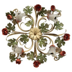 Beautiful Polychrome Roses Leaf Flush Mount Italy Florentine Style, 1970s