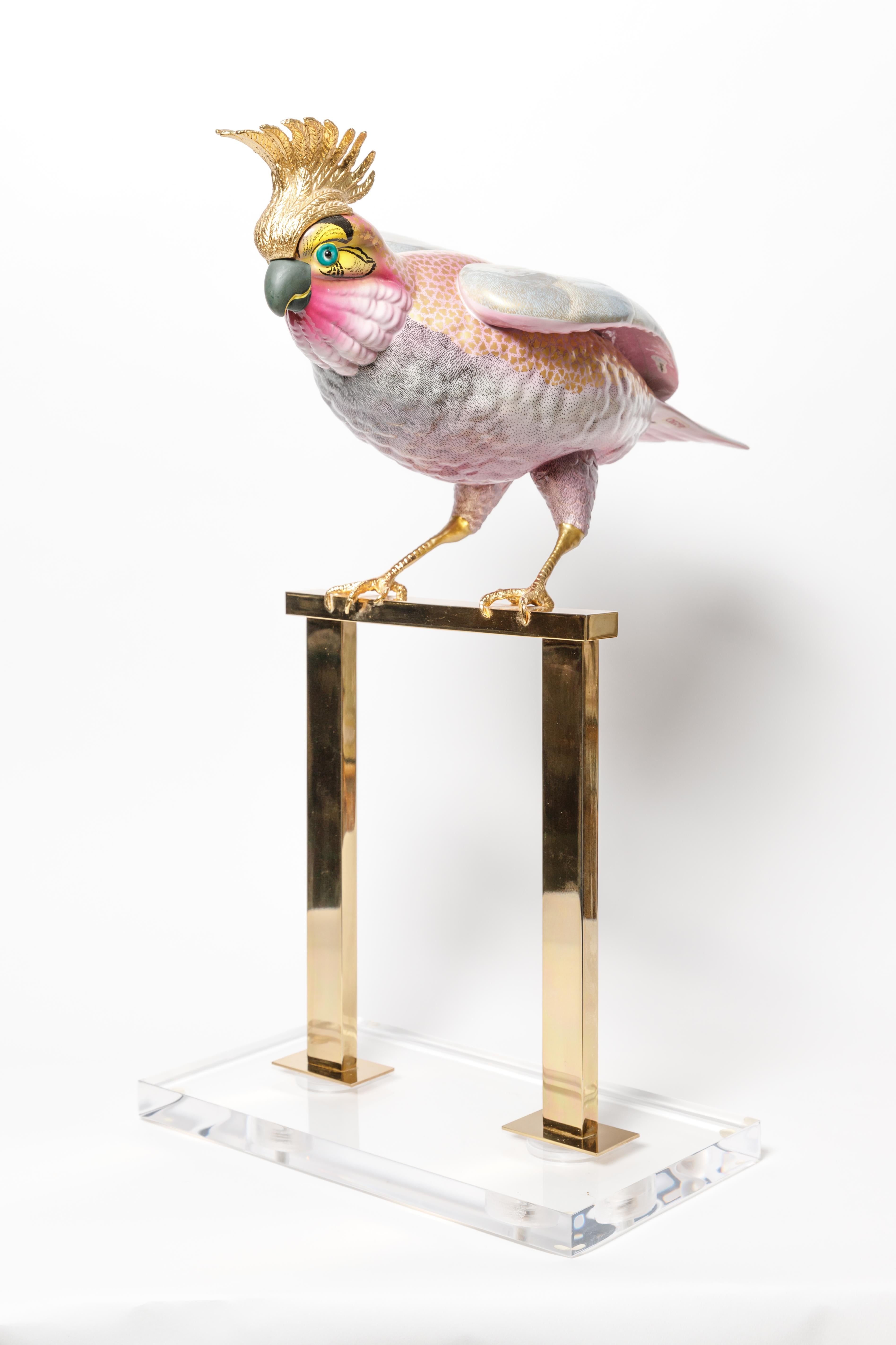 Mid-Century Modern Beautiful Porcelain and Brass Sculptured Bird on Brass and Lucite Stand