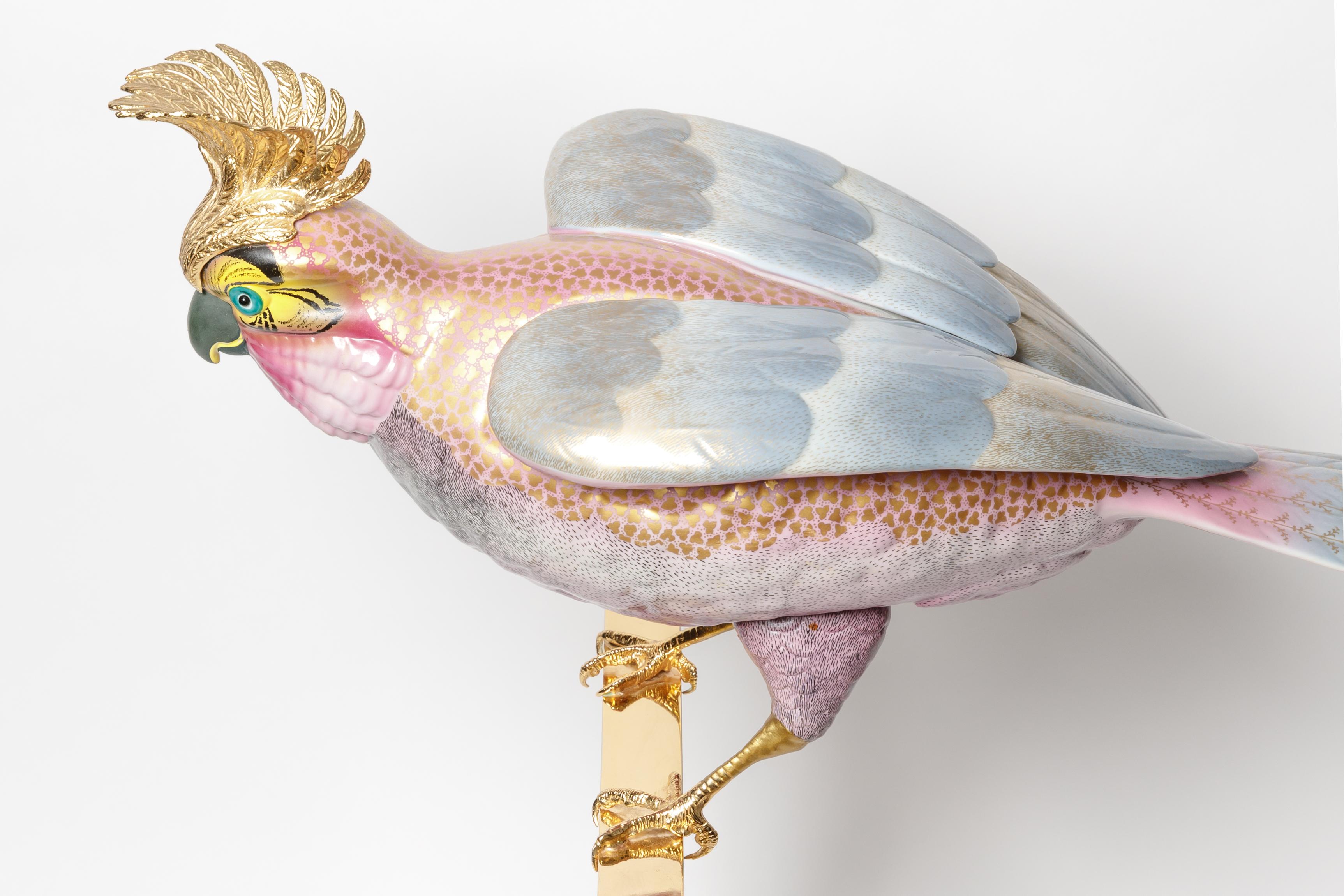 Italian Beautiful Porcelain and Brass Sculptured Bird on Brass and Lucite Stand