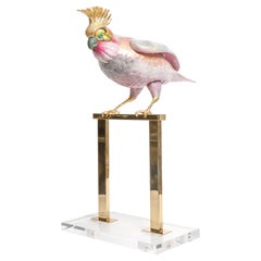 Beautiful Porcelain and Brass Sculptured Bird on Brass and Lucite Stand