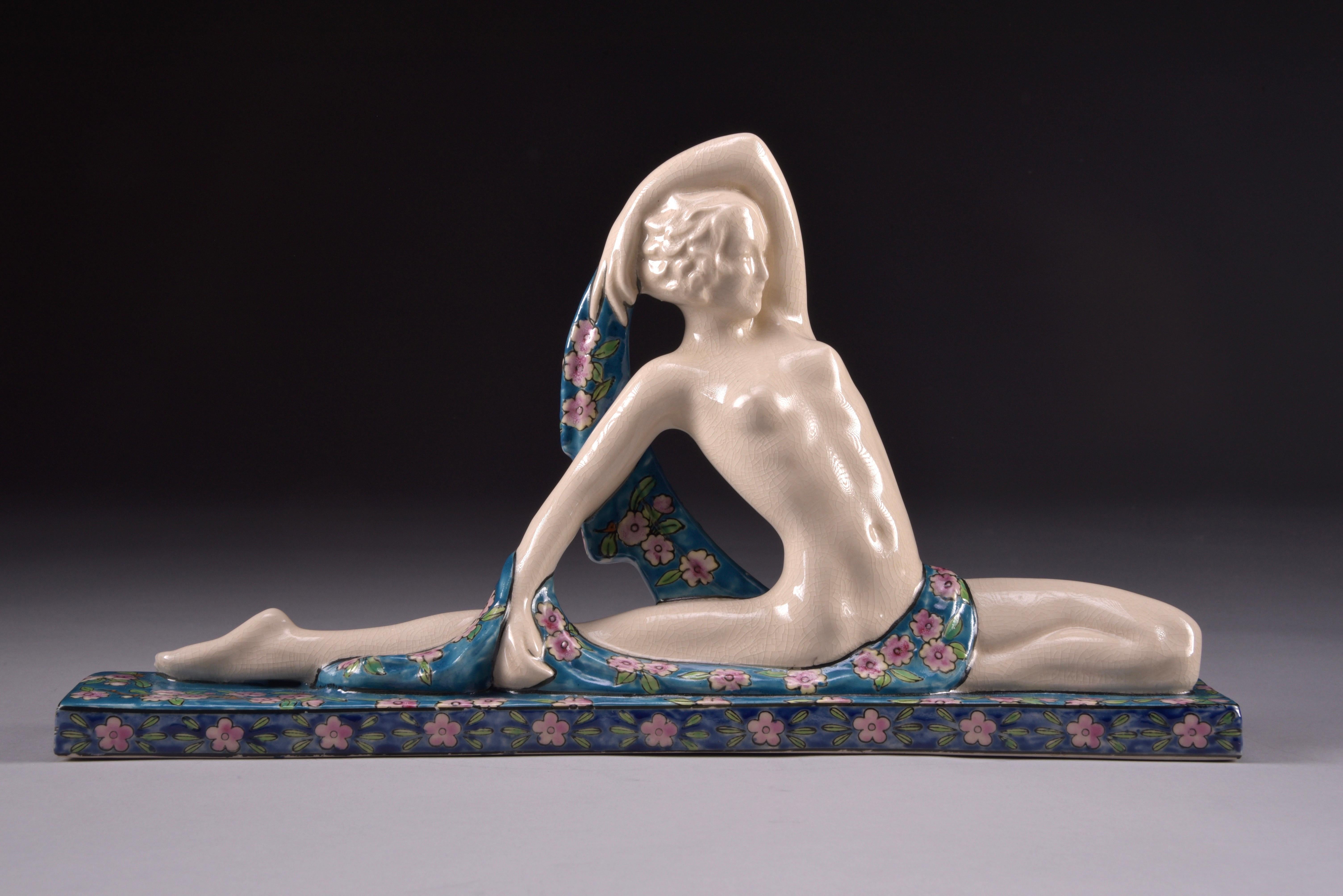 Emaux de Louviere porcelain nude lady in Art Deco style. Hand-painted, 20th century.