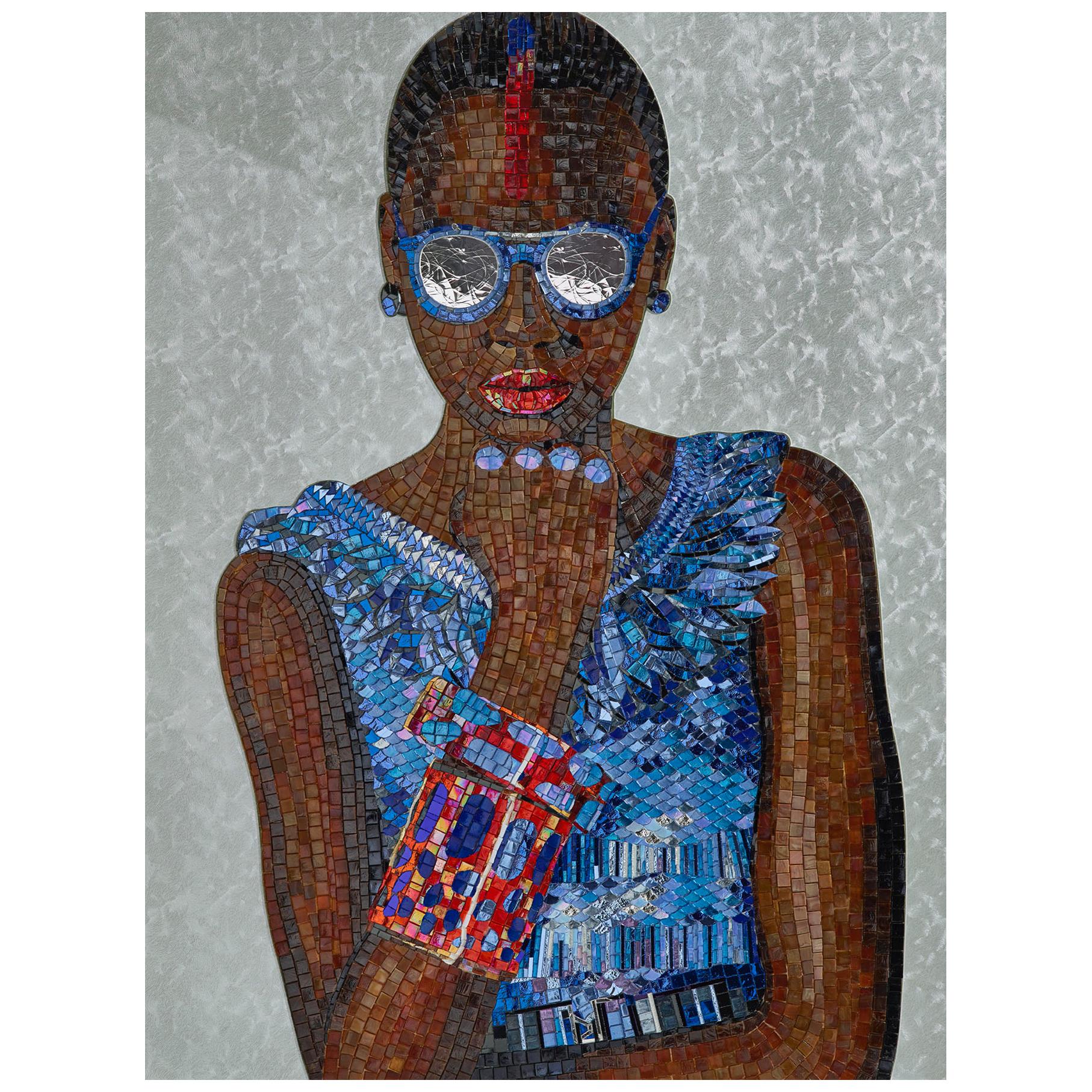 Schönes Porträt in künstlerischem Mosaik auf weißen Metallstützen auf der Rückseite zum Aufhängen im Angebot