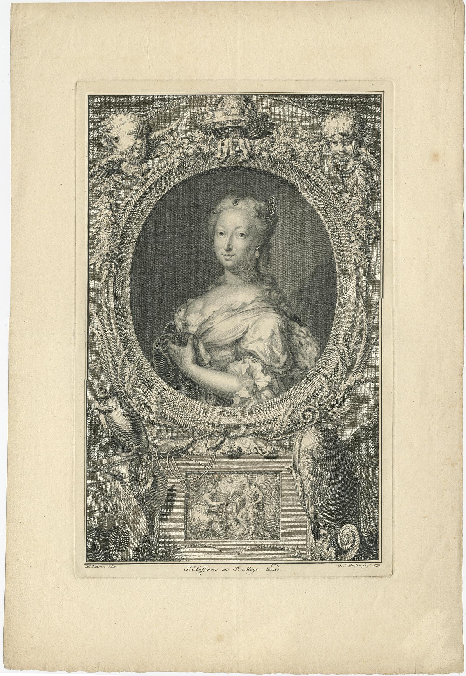 Antique portrait titled 'Anna, Kroonprinsesse van Grootbrittanje, Gemalinne van Willem de IV, Prins van Oranje'. 

Beautiful portrait of Anne, Princess Royal and Princess of Orange (1709-1759). Portrayed in an oval with allegorical symbolism