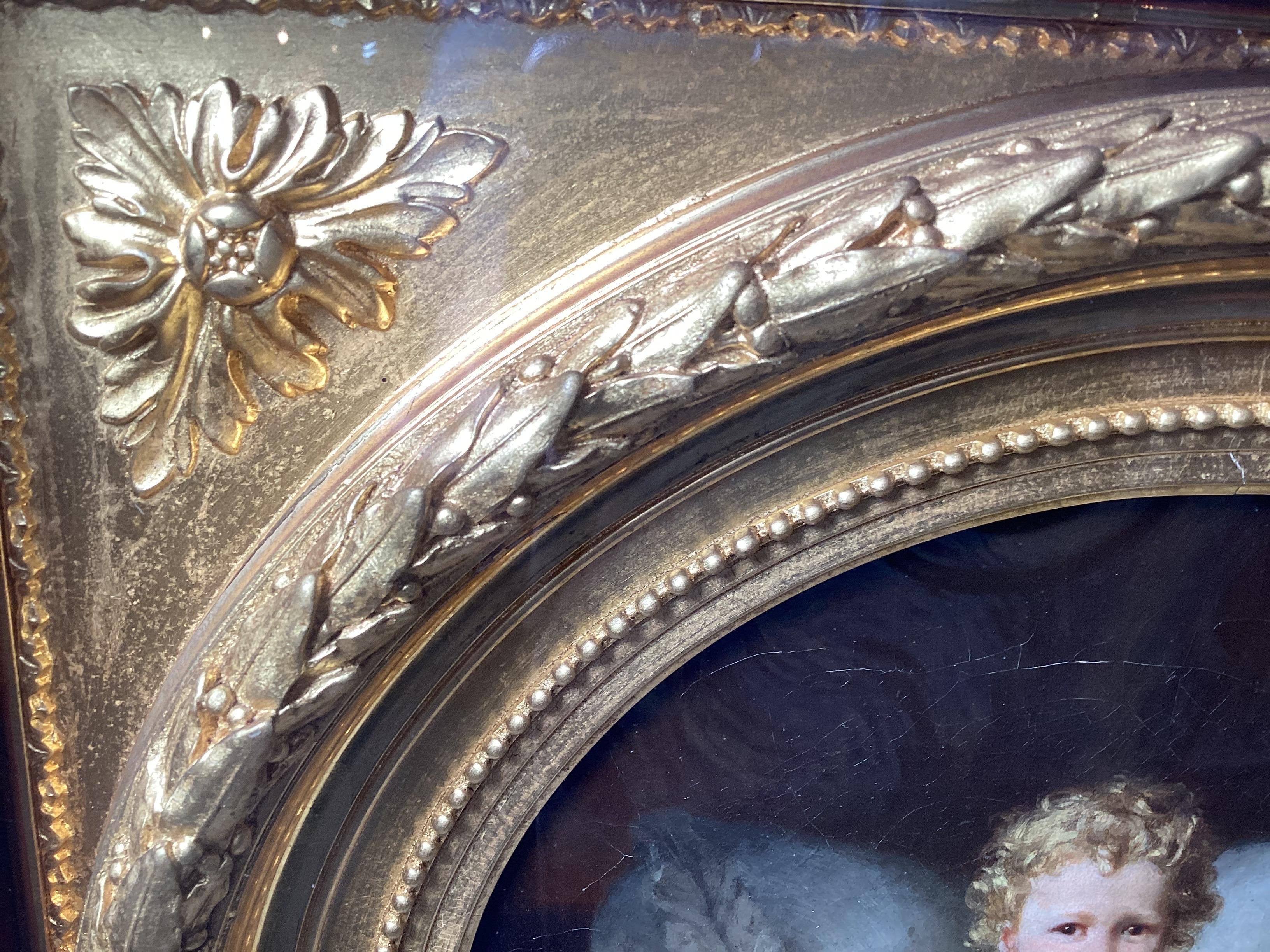 Glass Beautiful Portrait of Young Boy with GOlden Hair in a Stunning Original giltwood For Sale