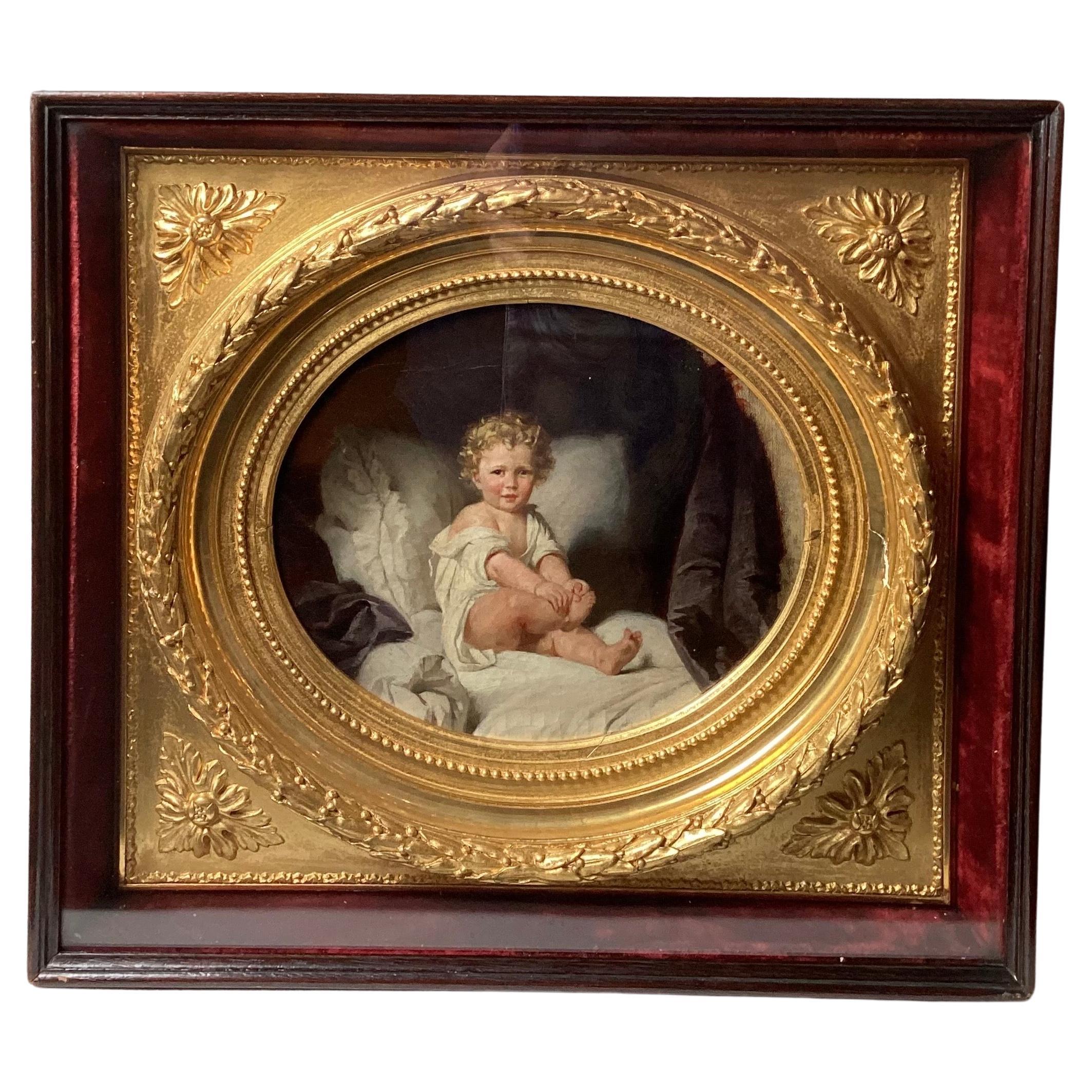 Schönes Porträt eines jungen Jungen mit GOlden-Haar in einem atemberaubenden Original aus vergoldetem Holz im Angebot