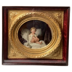 Antique Beautiful Portrait of Young Boy with GOlden Hair in a Stunning Original giltwood