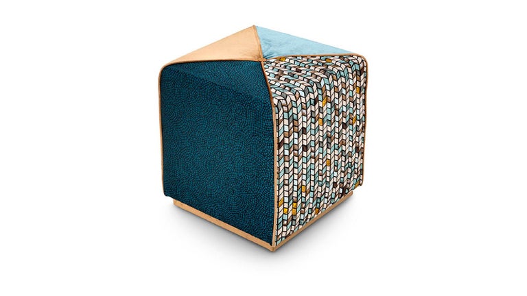 Italian Beautiful Pouf Frame Made of Solid Timber and  Wood Quilted Fabric  For Sale