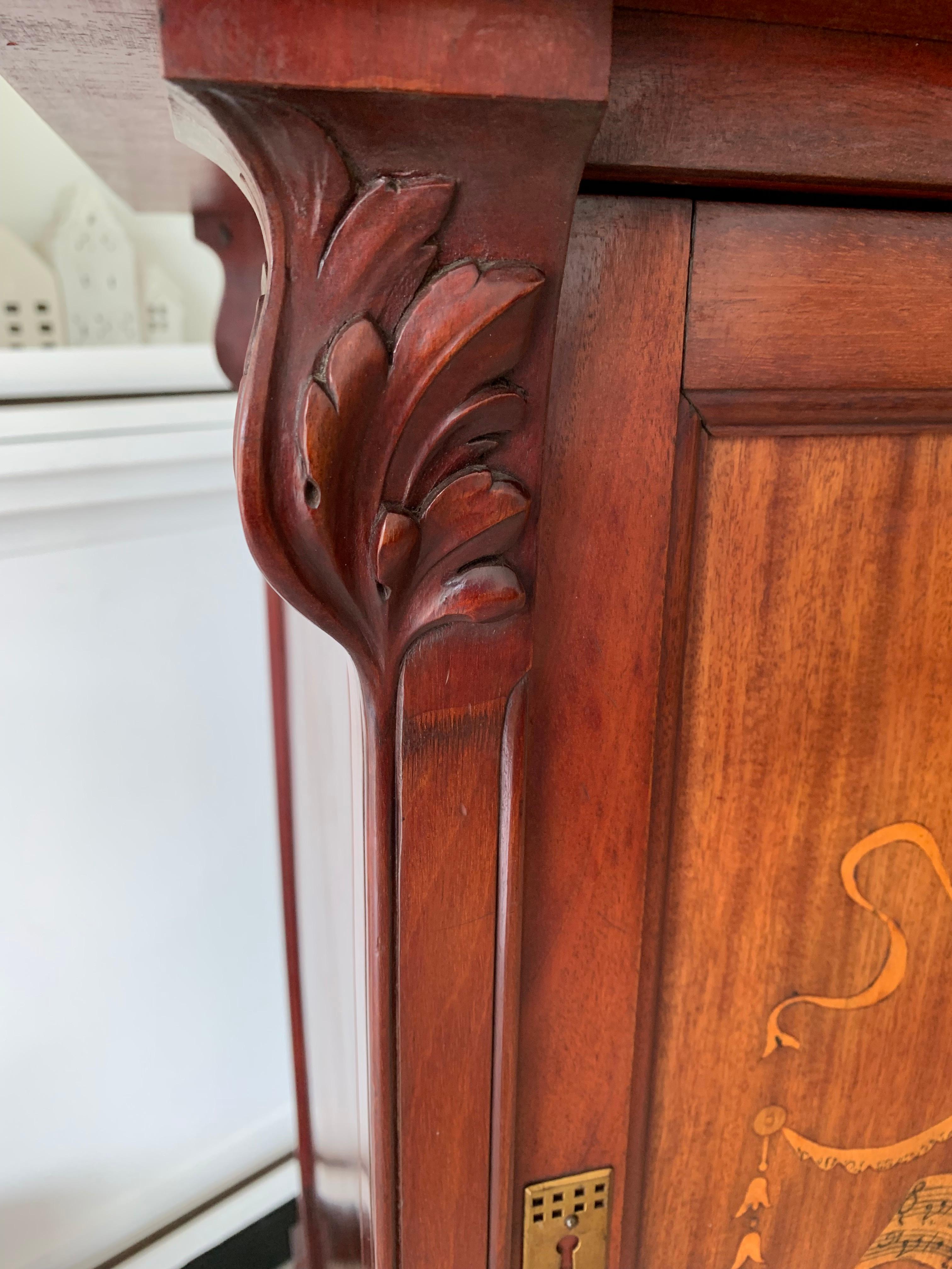 Hand-Carved Beautiful & Practical Art Nouveau Style Cabinet with Inlaid Door & Five Drawers
