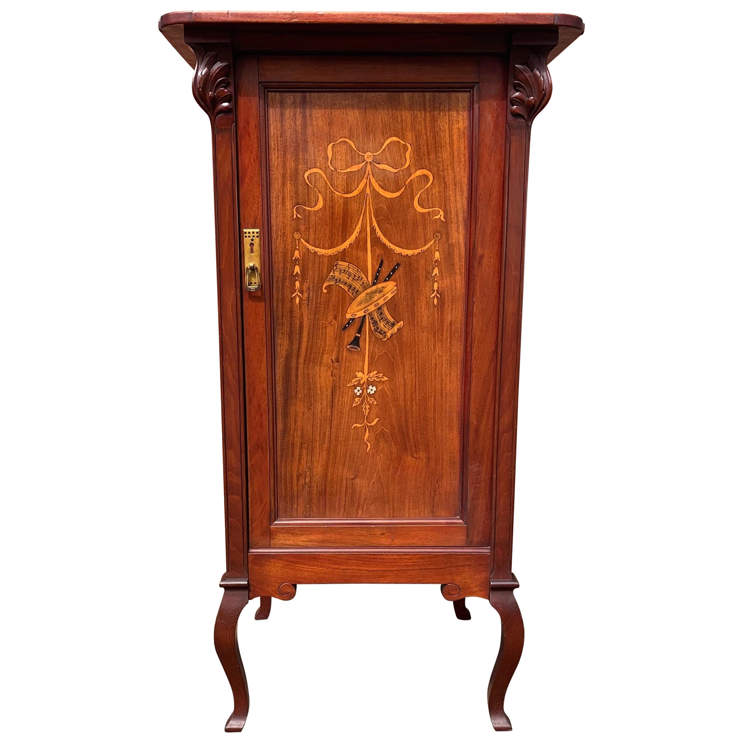 Beautiful & Practical Art Nouveau Style Cabinet with Inlaid Door & Five Drawers