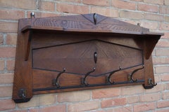 Beautiful & Practical Dutch Arts & Crafts Oak and Cast Iron Hooks Wall Coat Rack