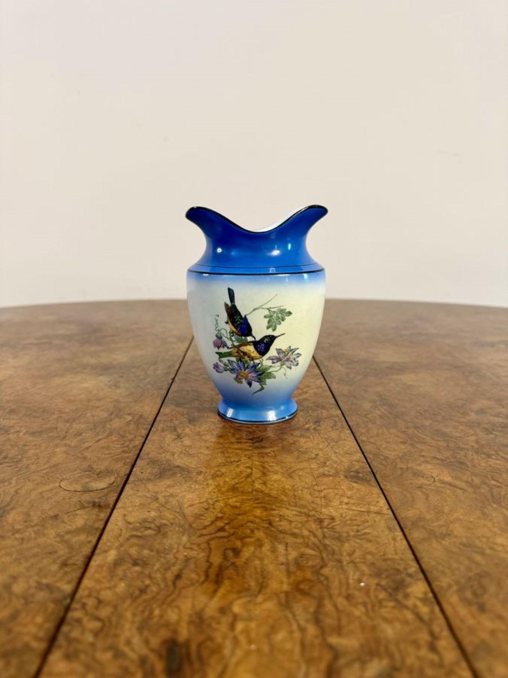 Beautiful quality antique Victorian bathroom set, having a beautiful antique Victorian wash set consisting of a jug and bowl, two soap dishes and a squat vase, decorated with birds and flowers in stunning blue, red, green, brown, pink and black