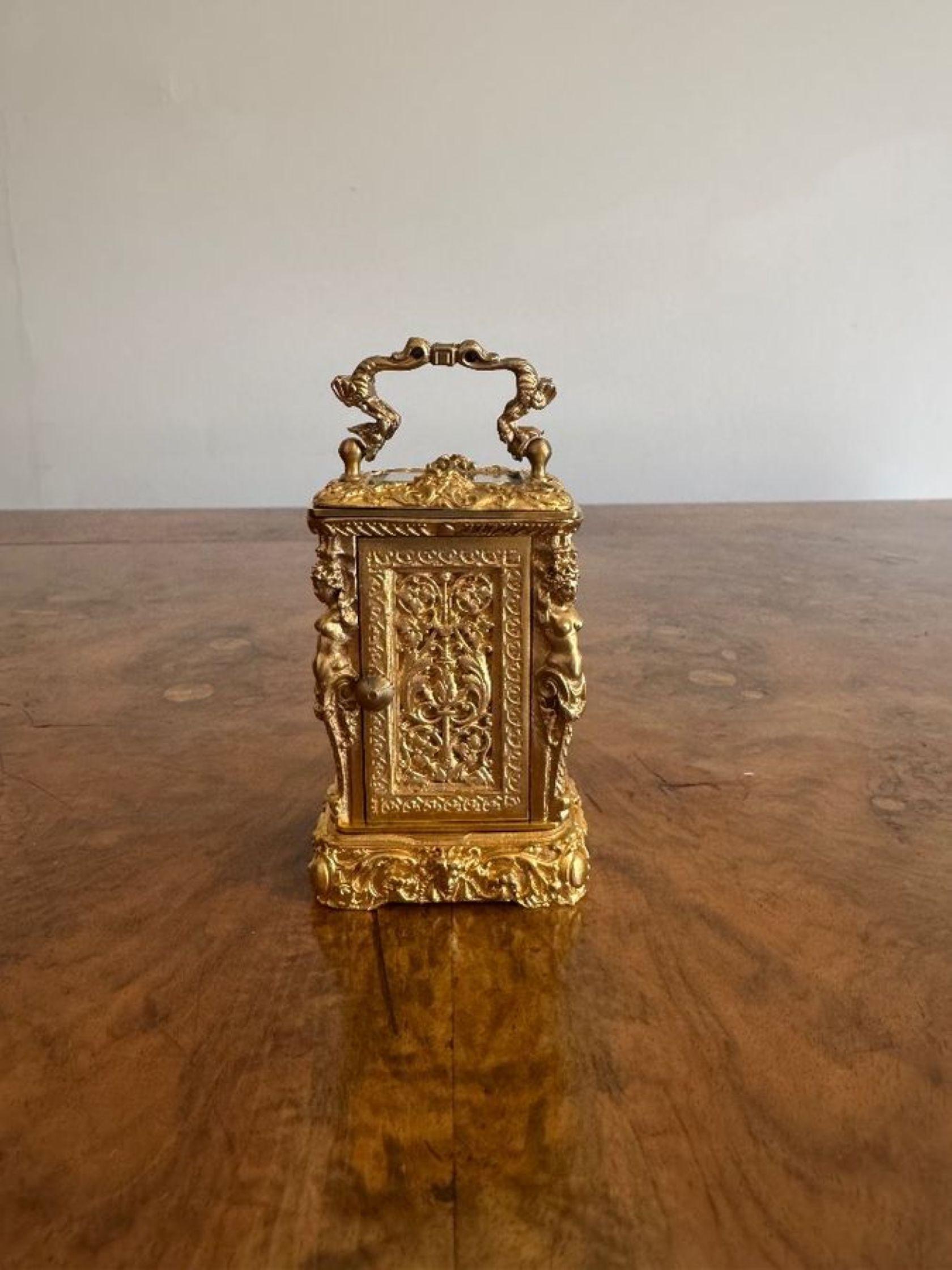 Beautiful quality antique Victorian ornate brass miniature carriage clock In Good Condition For Sale In Ipswich, GB