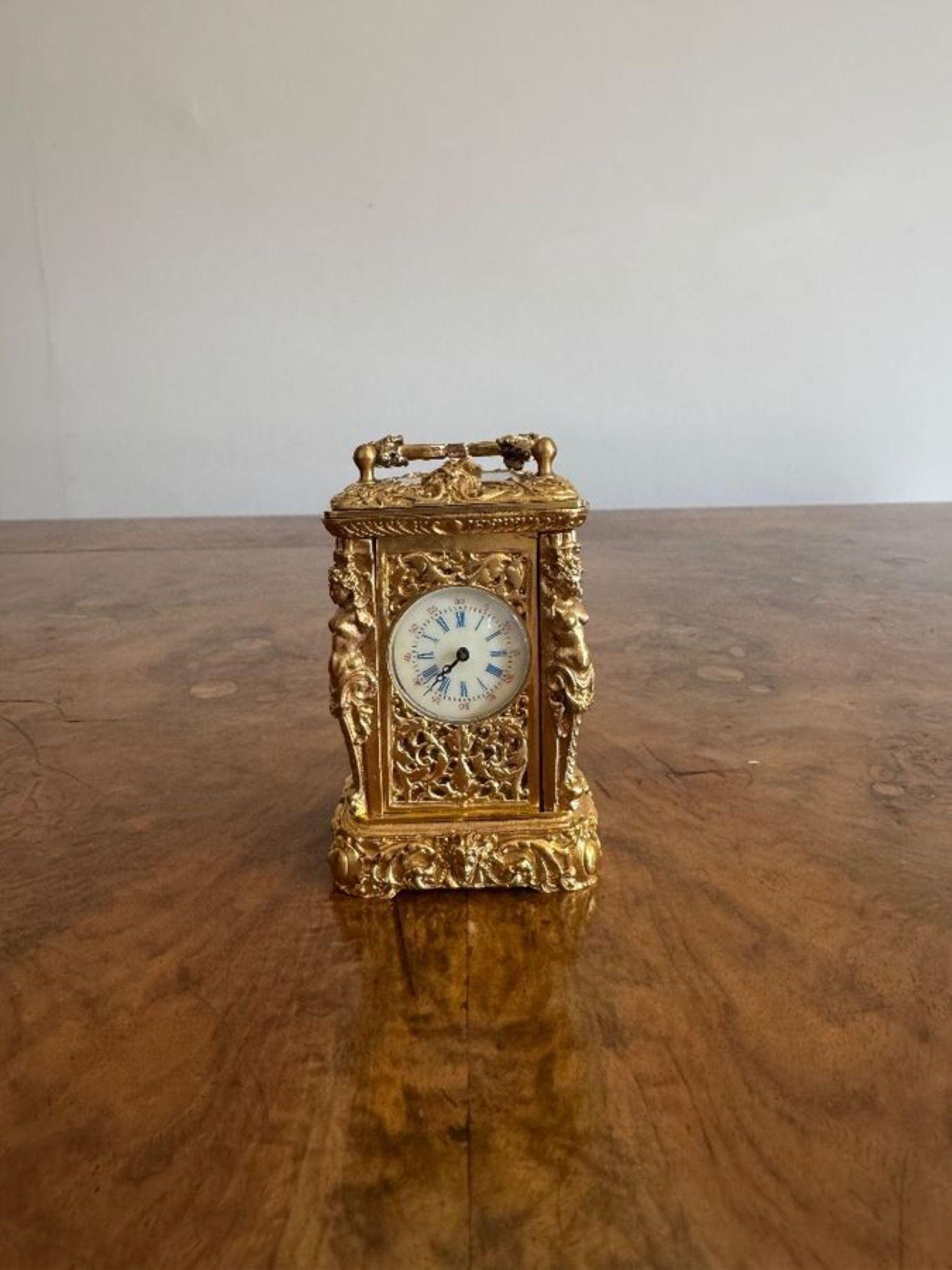 Porcelain Beautiful quality antique Victorian ornate brass miniature carriage clock For Sale