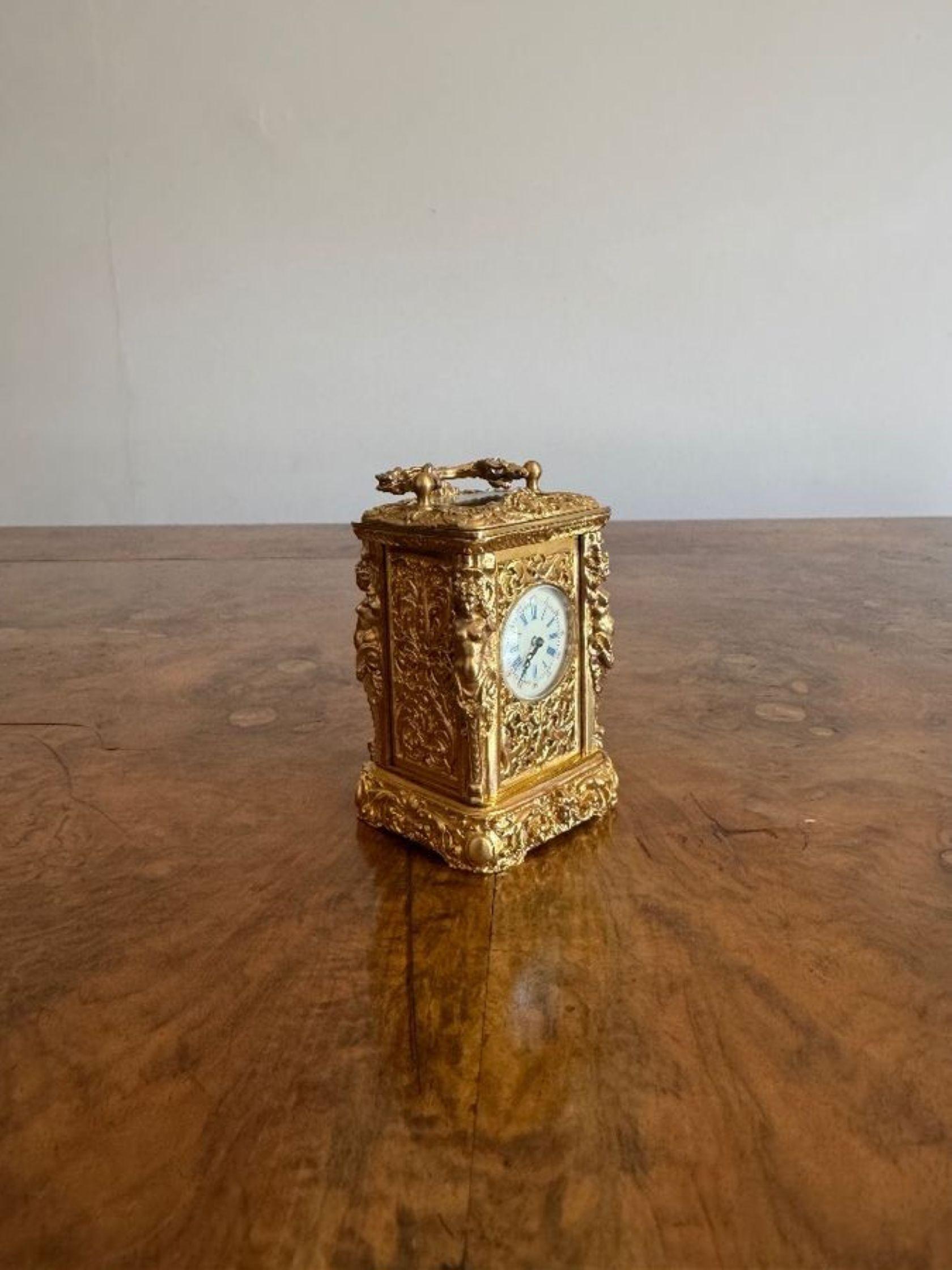 Beautiful quality antique Victorian ornate brass miniature carriage clock For Sale 1
