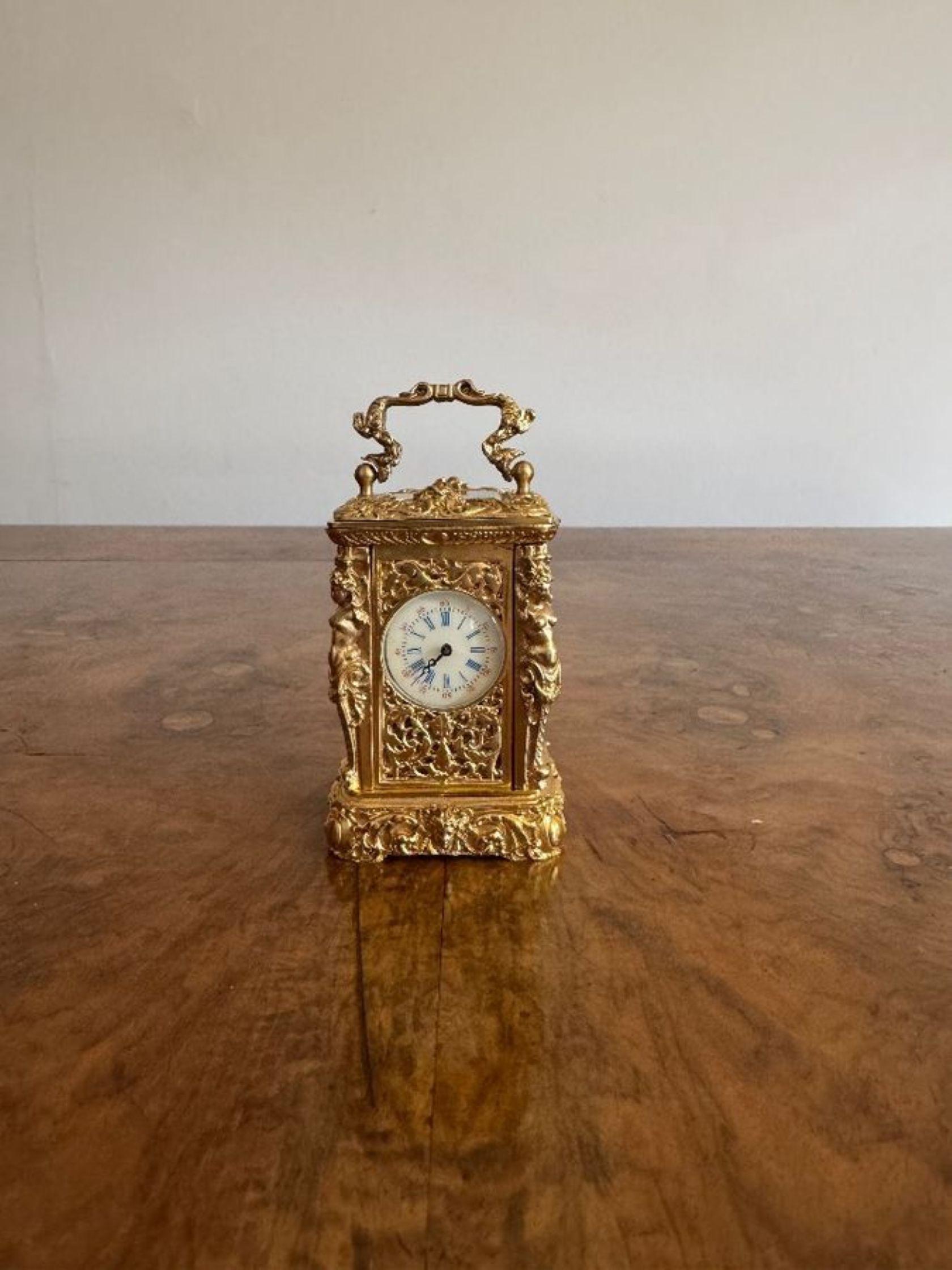 Beautiful quality antique Victorian ornate brass miniature carriage clock For Sale 2