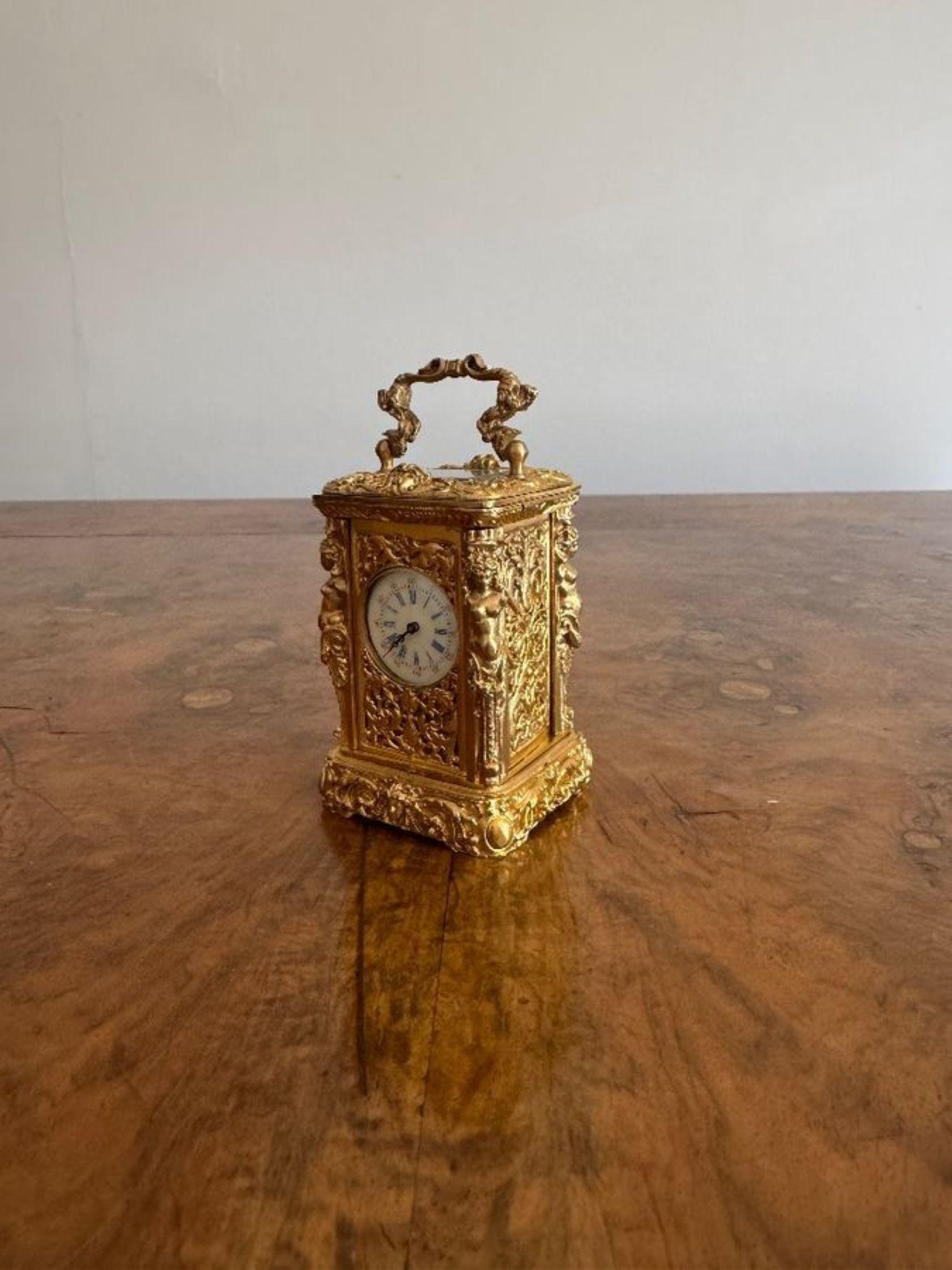Beautiful quality antique Victorian ornate brass miniature carriage clock For Sale 3