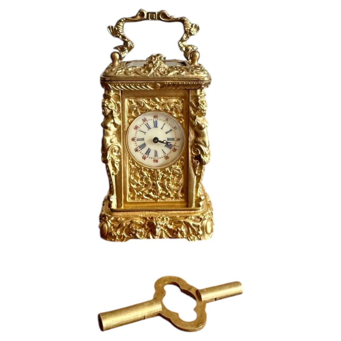 Beautiful quality antique Victorian ornate brass miniature carriage clock For Sale