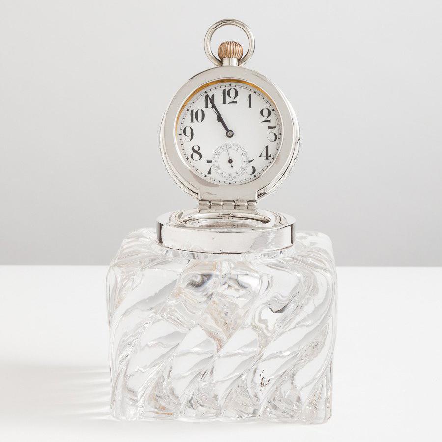 Beautiful Quality Heavy Glass and Silver Clock Inkwell, Birmingham, circa 1904 In Excellent Condition In London, GB