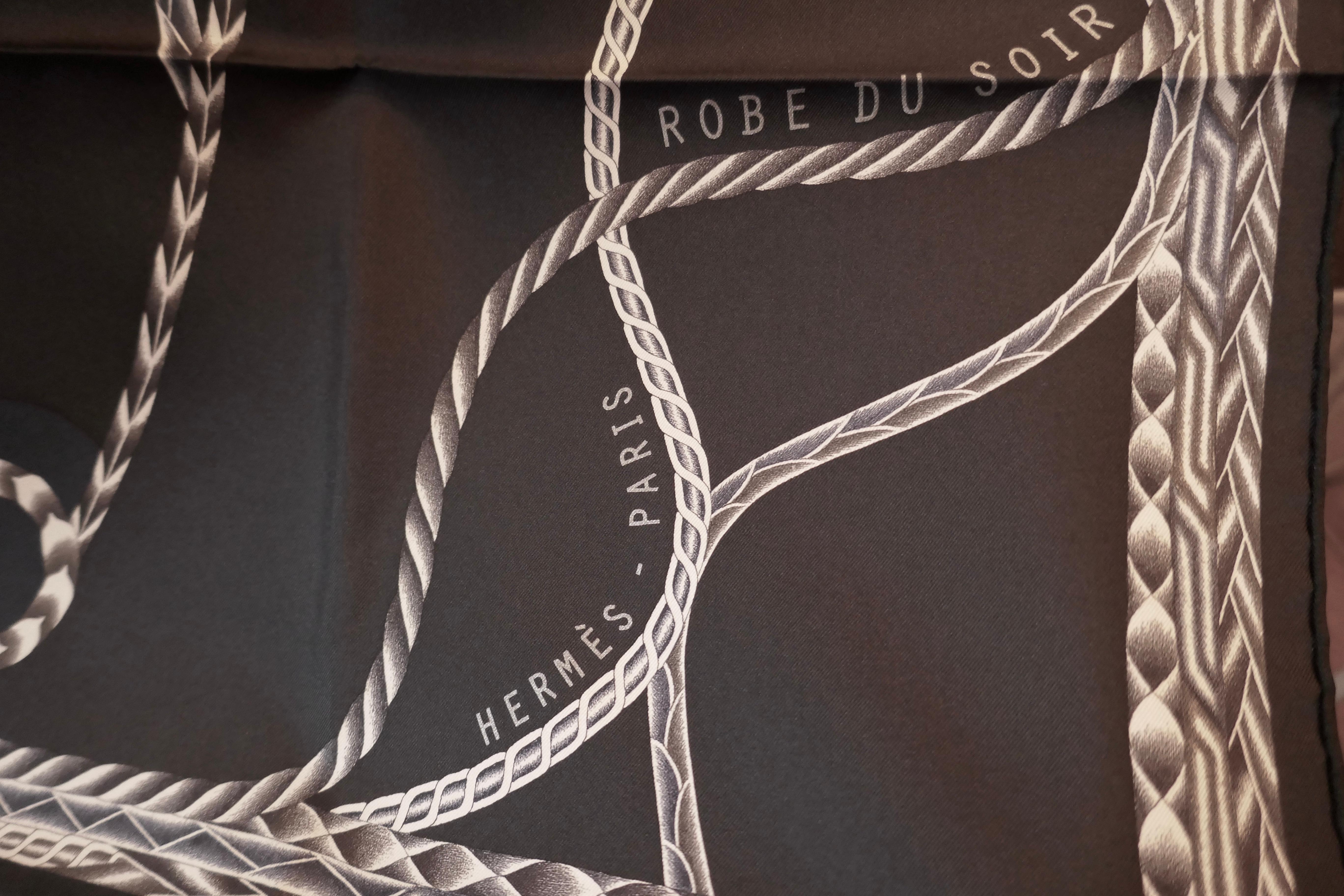 Black Beautiful Rare 2018 Hermes Silk Scarf “ Robe du Soir” by Florence Manklin  