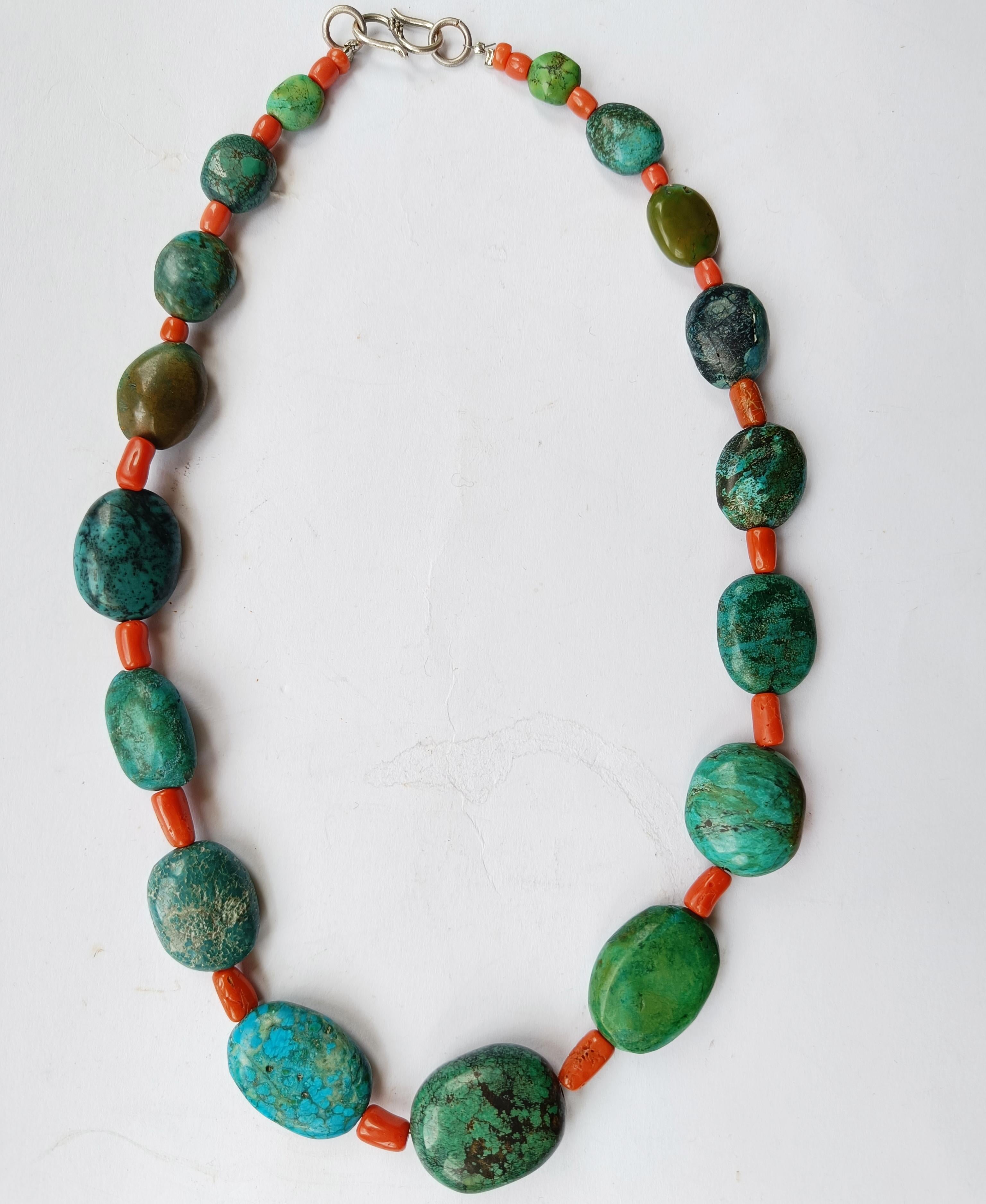 Cast Vintage Ethnic Himalayan Tibetan Turquoise Coral  Necklace For Sale