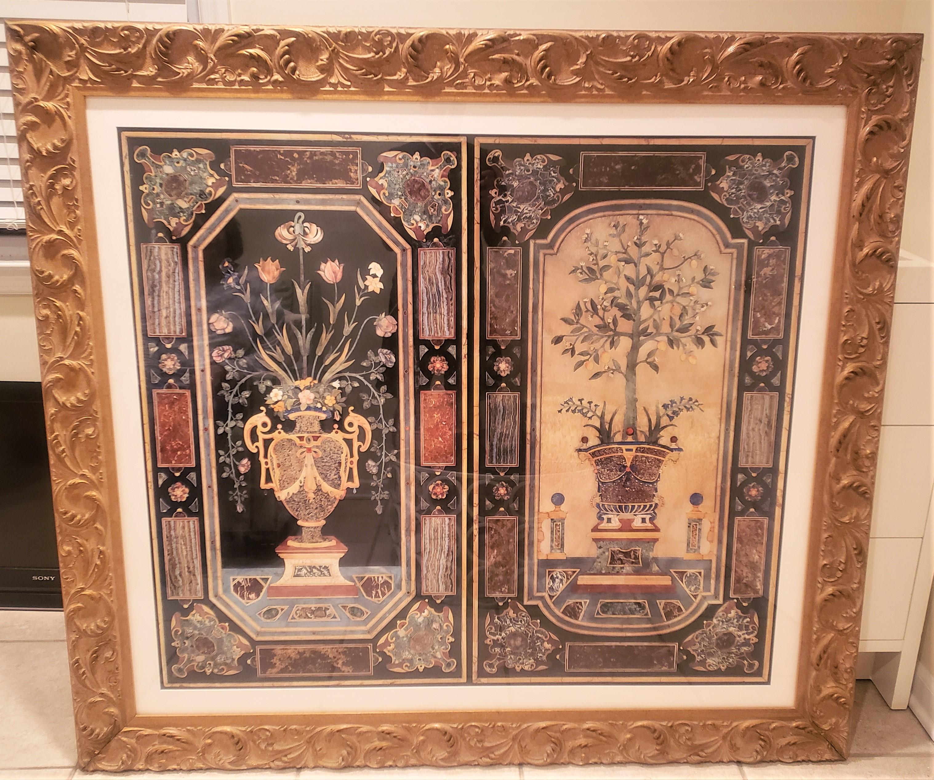 The Following Item we are Offering is A RARE EXQUISITE Framed Inlaid Design Italian Lithograph Print. Showcasing a Framed in a Beautiful Fine Custom Gold Leaf Frame with High Resolution Glass. 

Framed Measurements: 56