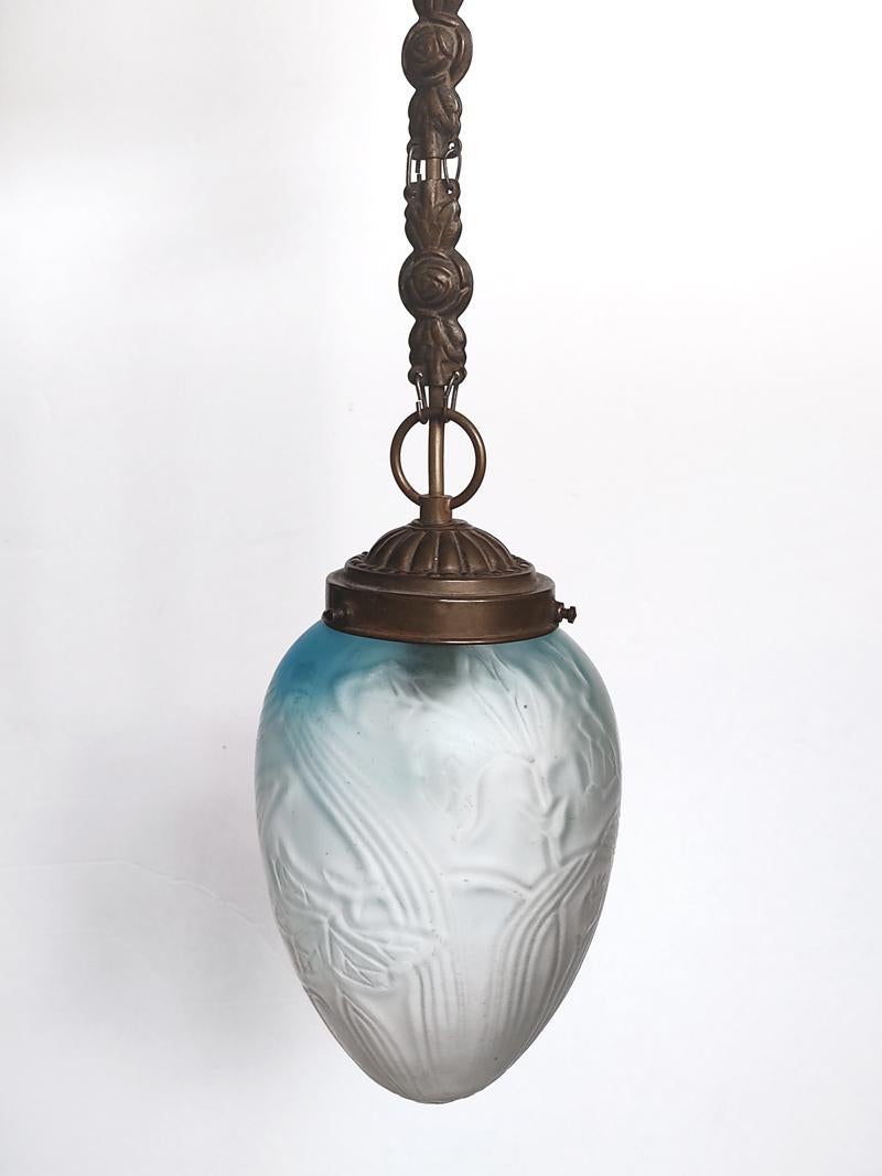 Beautiful rare Art Nouveau glass and brass pendant light,
France 1900/1920s
   
