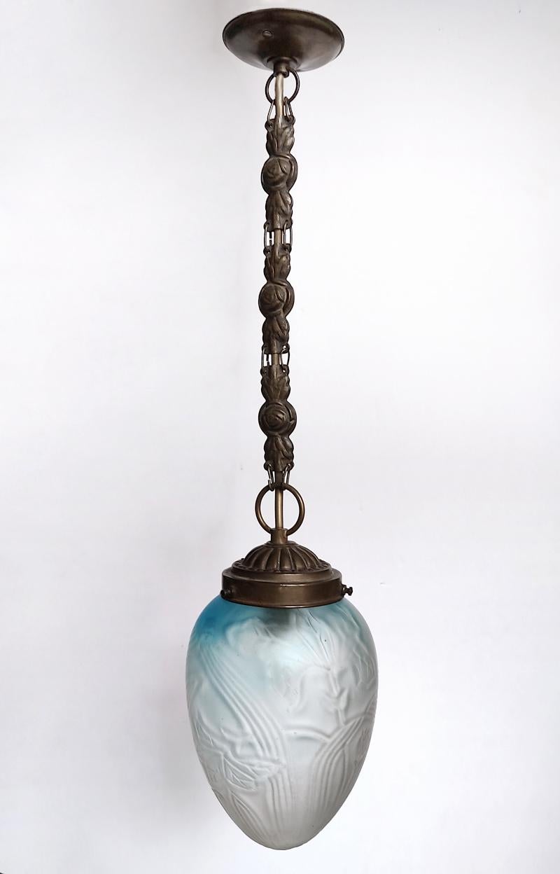 French Beautiful Rare France Art Nouveau Glass and Brass Ceiling Pendant Light