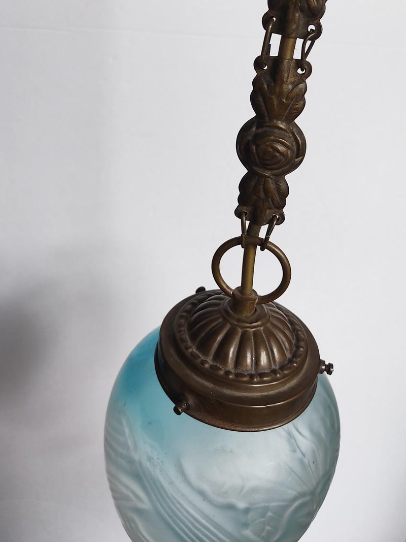 Beautiful Rare France Art Nouveau Glass and Brass Ceiling Pendant Light In Good Condition In Berlin, DE