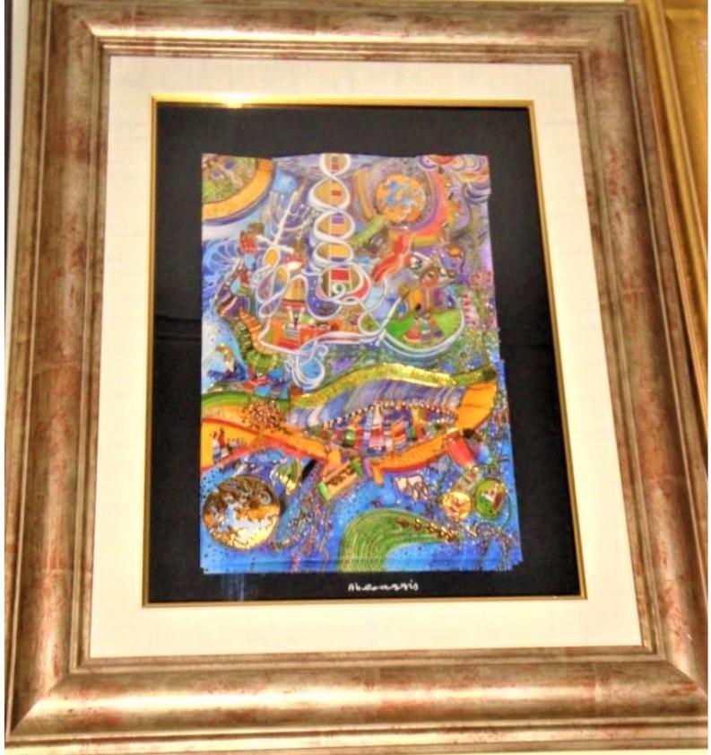 The Following Item we are offering is an Outstanding Original Large Original 3D Work by World Renowned International Artist, Raphael Abecassis. Framed in a Custom Gold Wooden Frame and Plexi Glass placed on Front for Protection. A Spectacular Piece