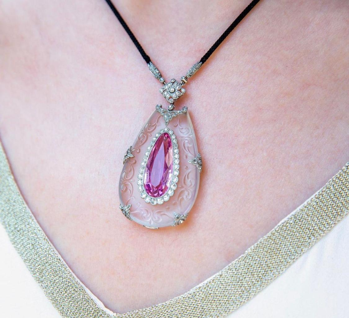 Art Deco Beautiful, Rare Rock Crystal Diamonds Pink Topaz Pendant Made in 1910 French For Sale