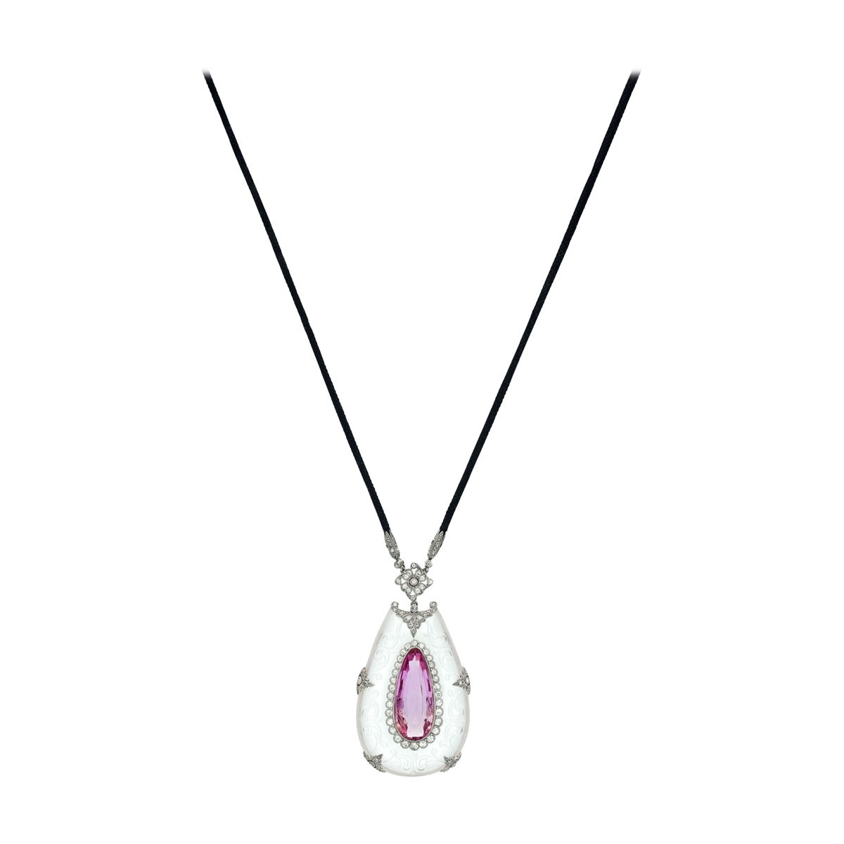 Schöner, seltener rosa Topas-Anhänger aus Bergkristall mit Diamanten, 1910 in Frankreich hergestellt