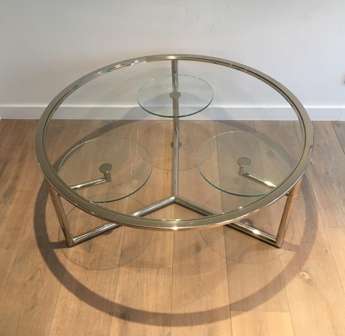 Mid-Century Modern Beautiful Rare Round Chrome Coffee Table with Removable Round Glass Shelves