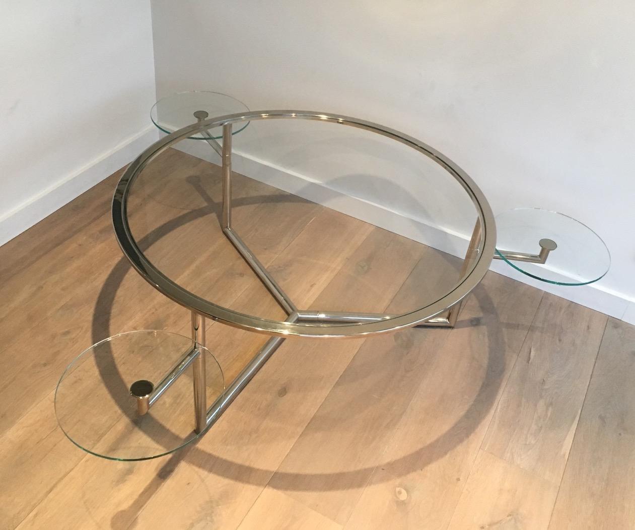 French Beautiful Rare Round Chrome Coffee Table with Removable Round Glass Shelves