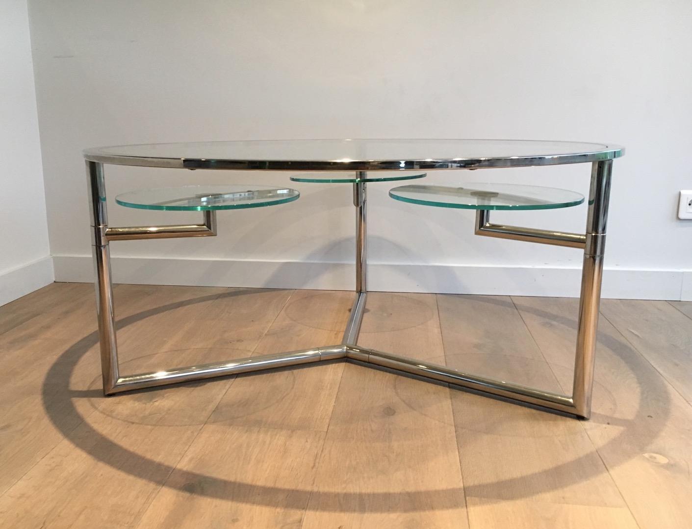 Late 20th Century Beautiful Rare Round Chrome Coffee Table with Removable Round Glass Shelves