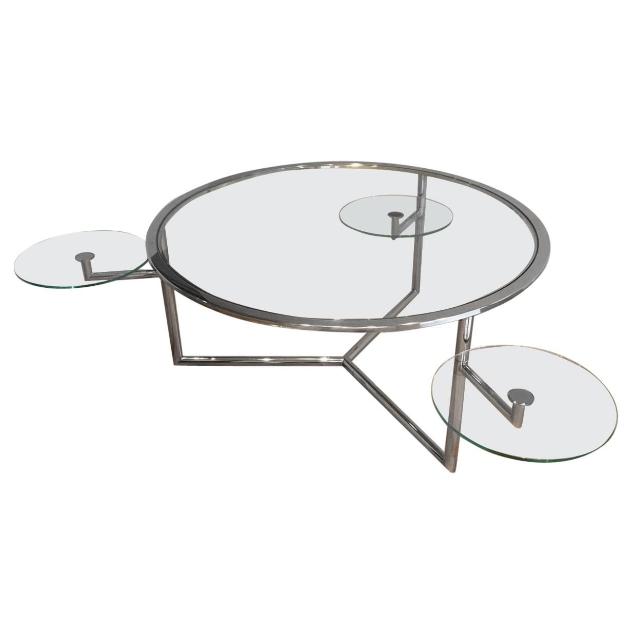 Beautiful Rare Round Chrome Coffee Table with Removable Round Glass Shelves