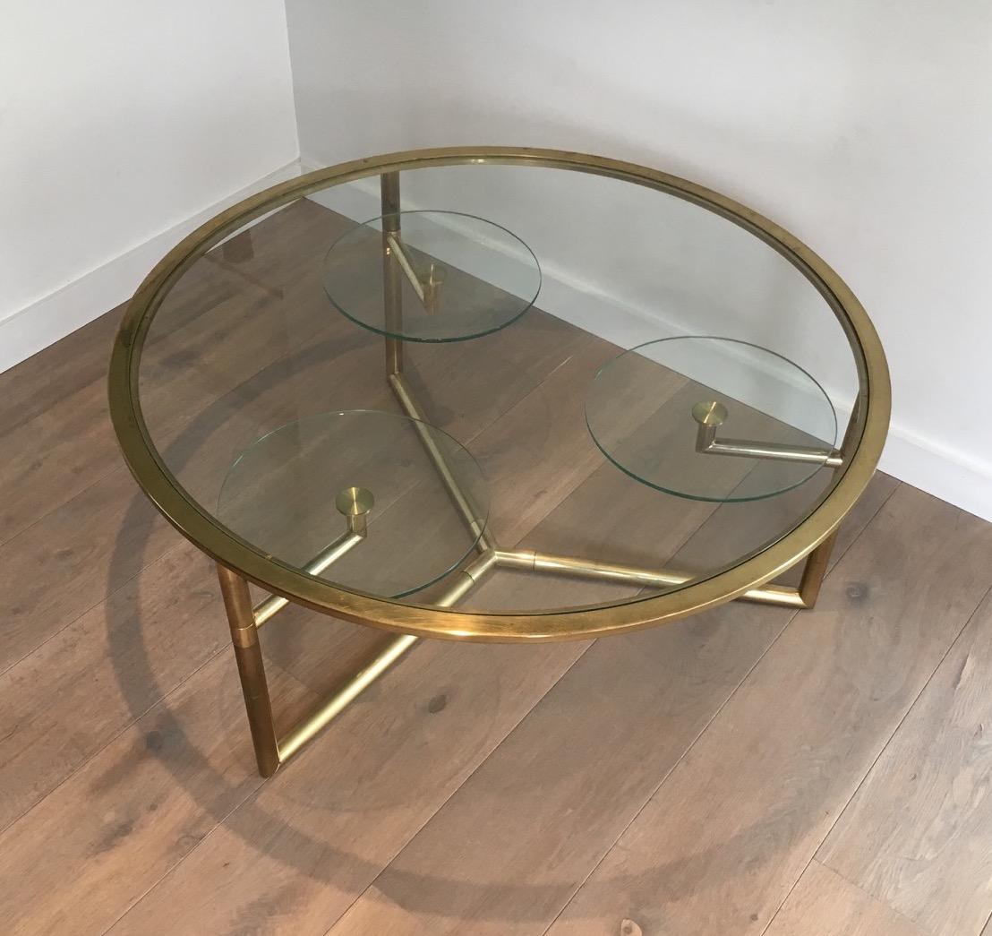 Mid-Century Modern Rare Round Gold Gilt Coffee Table with Removable Round Glass Shelves