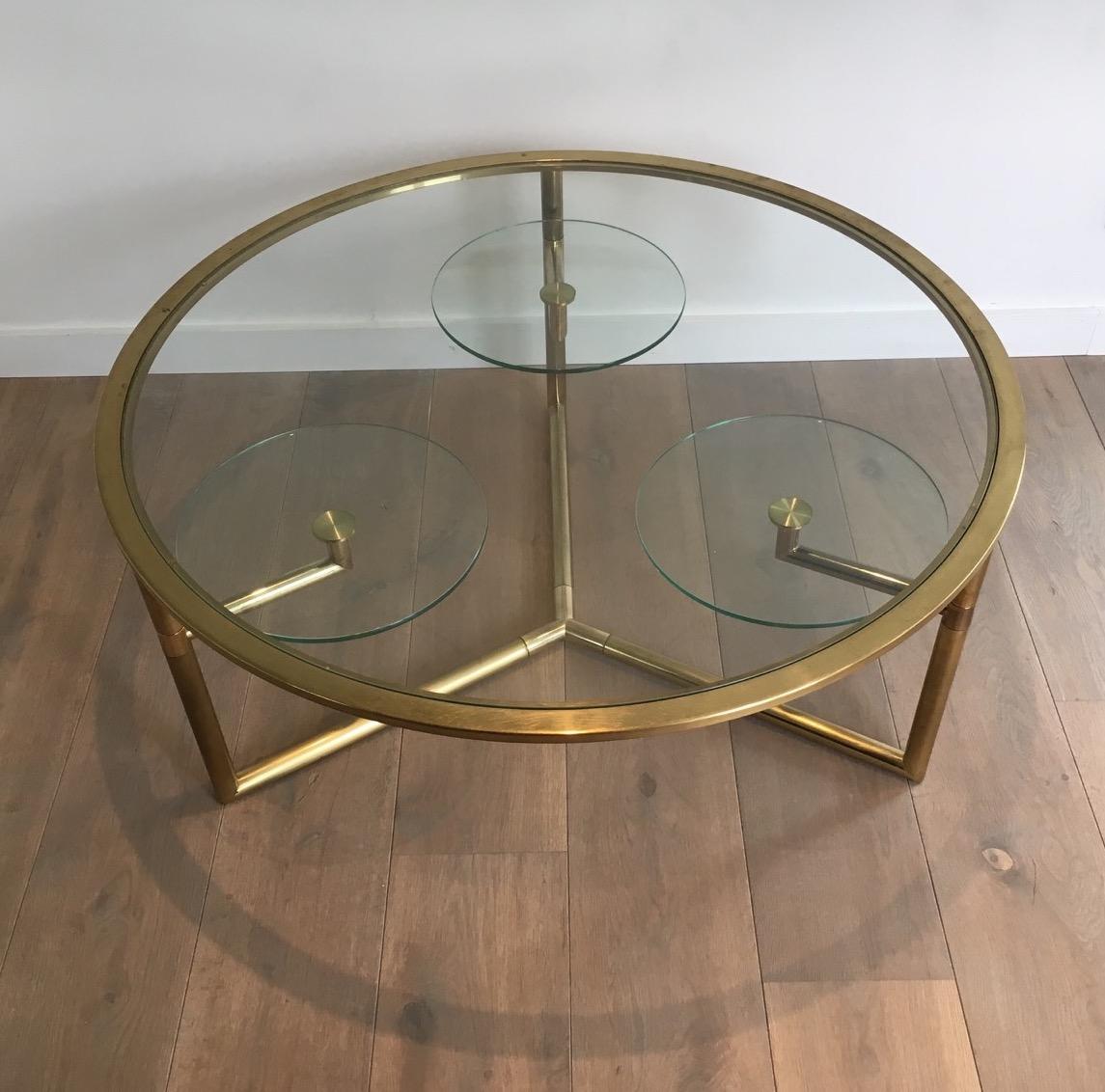 French Rare Round Gold Gilt Coffee Table with Removable Round Glass Shelves