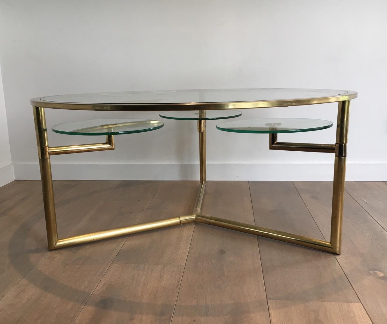 Late 20th Century Rare Round Gold Gilt Coffee Table with Removable Round Glass Shelves